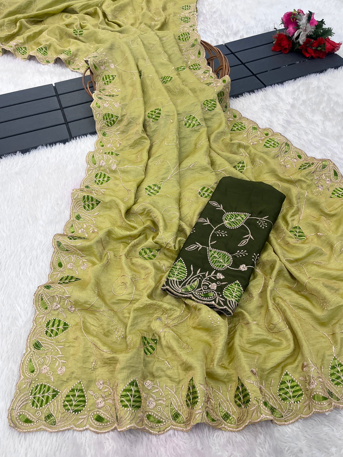 MASHUKA Satin Embellished Embroidered Floral Print Saree - Light Pista