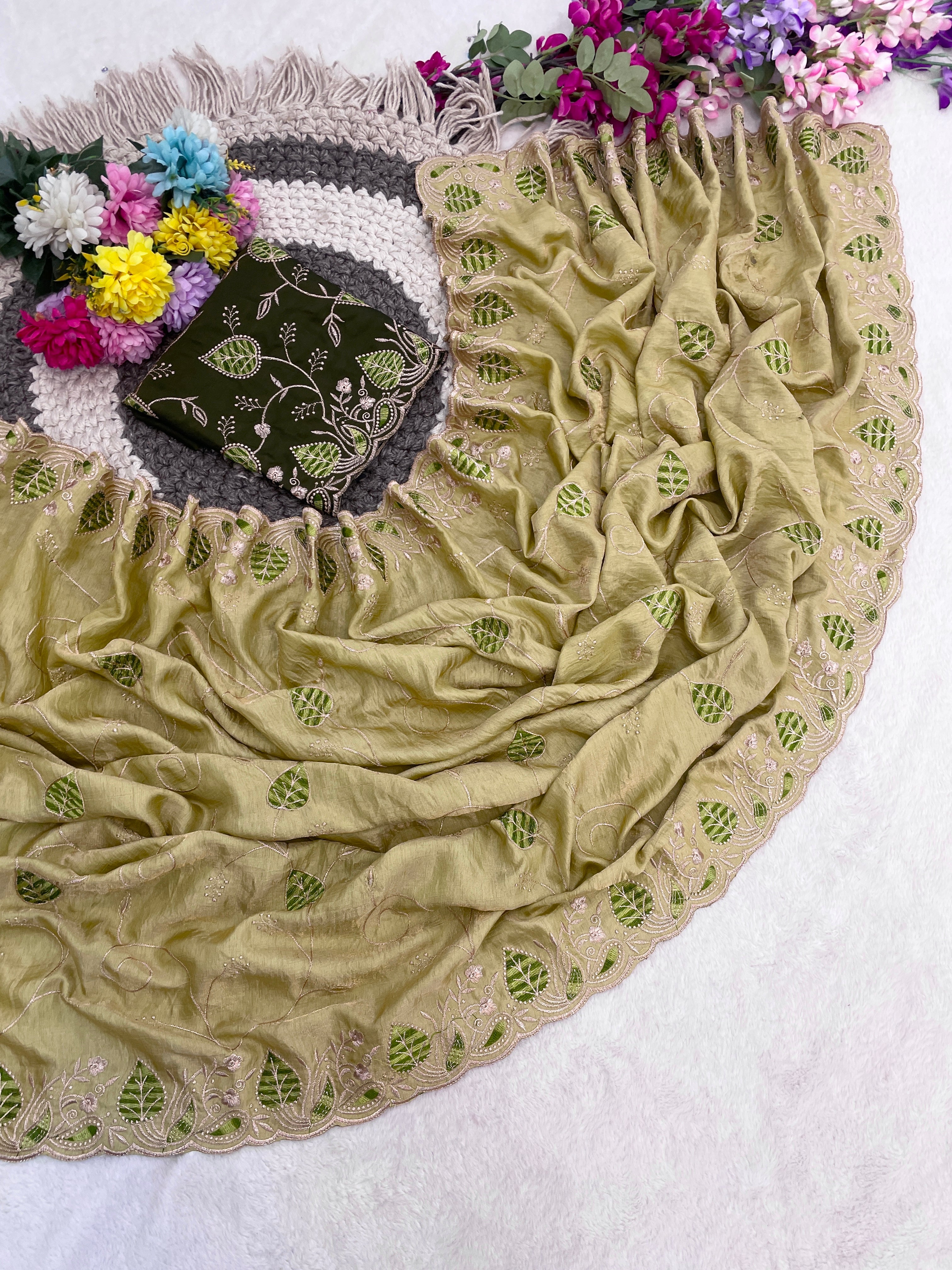 MASHUKA Satin Embellished Embroidered Floral Print Saree - Light Pista
