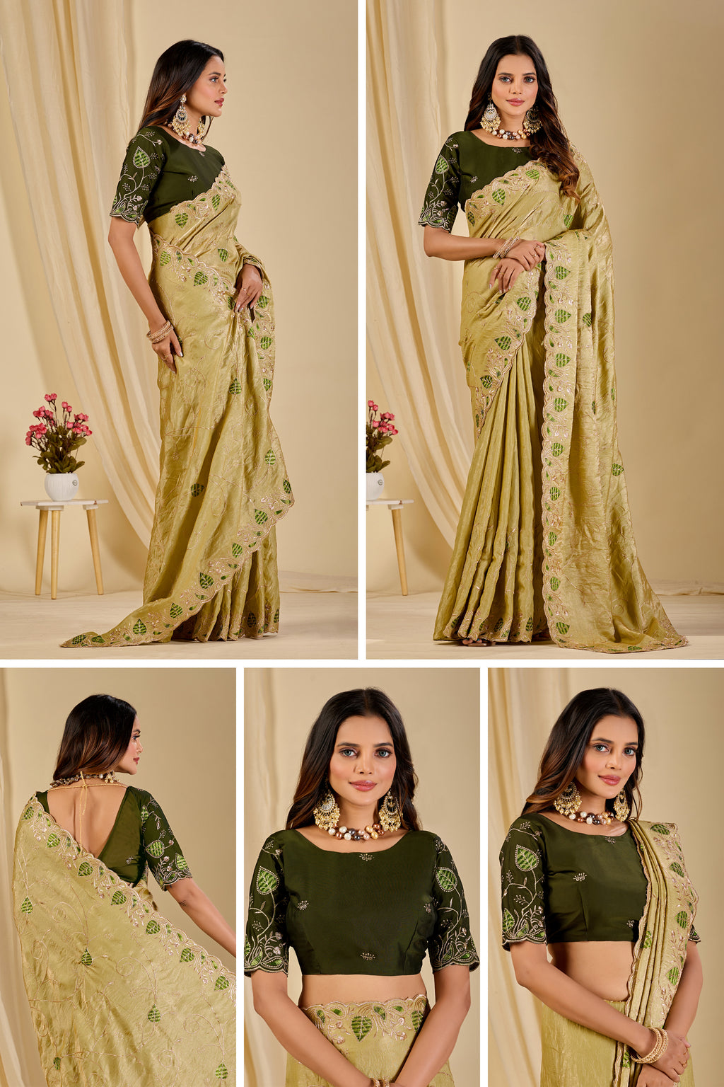 MASHUKA Satin Embellished Embroidered Floral Print Saree - Light Pista
