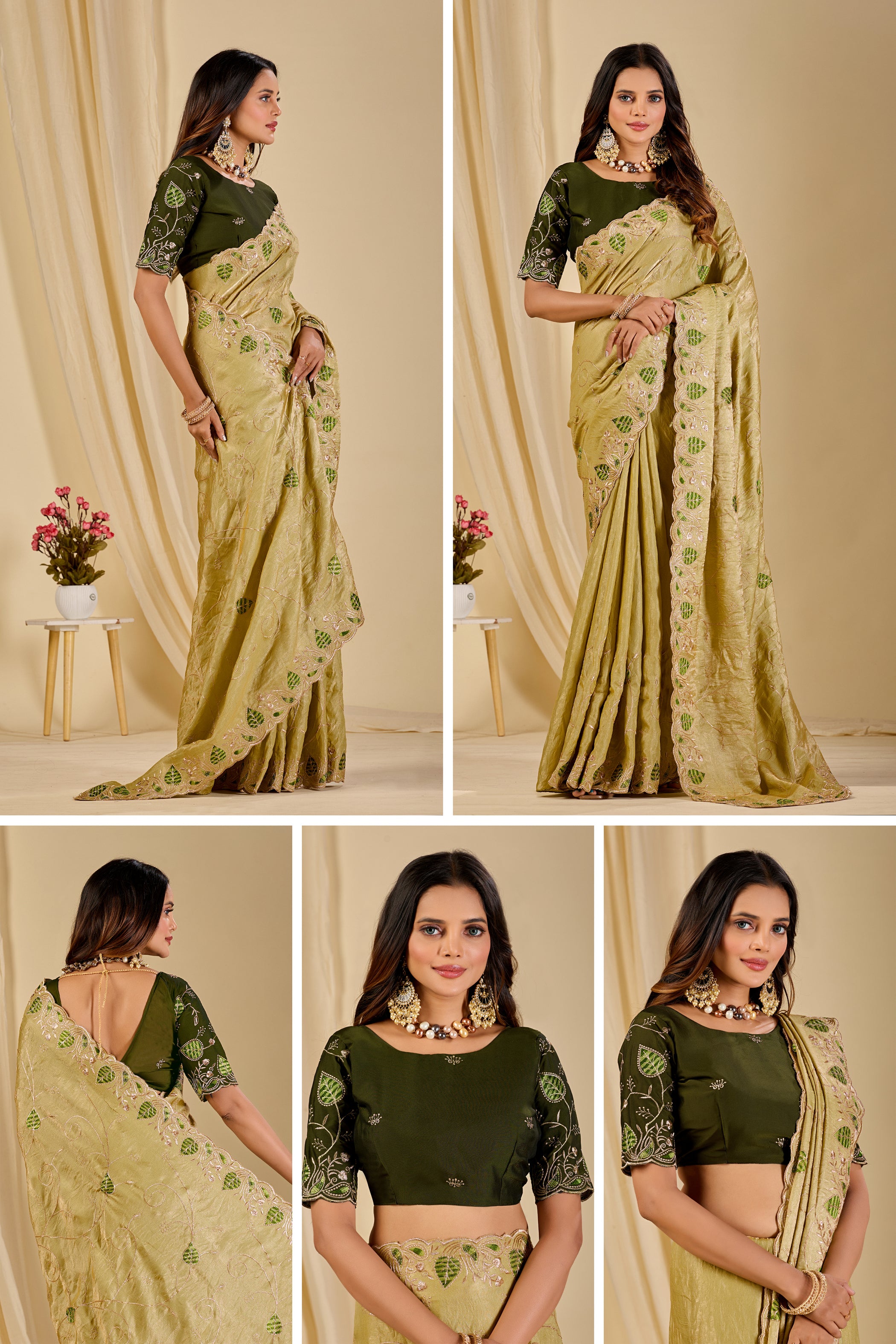 MASHUKA Satin Embellished Embroidered Floral Print Saree - Light Pista