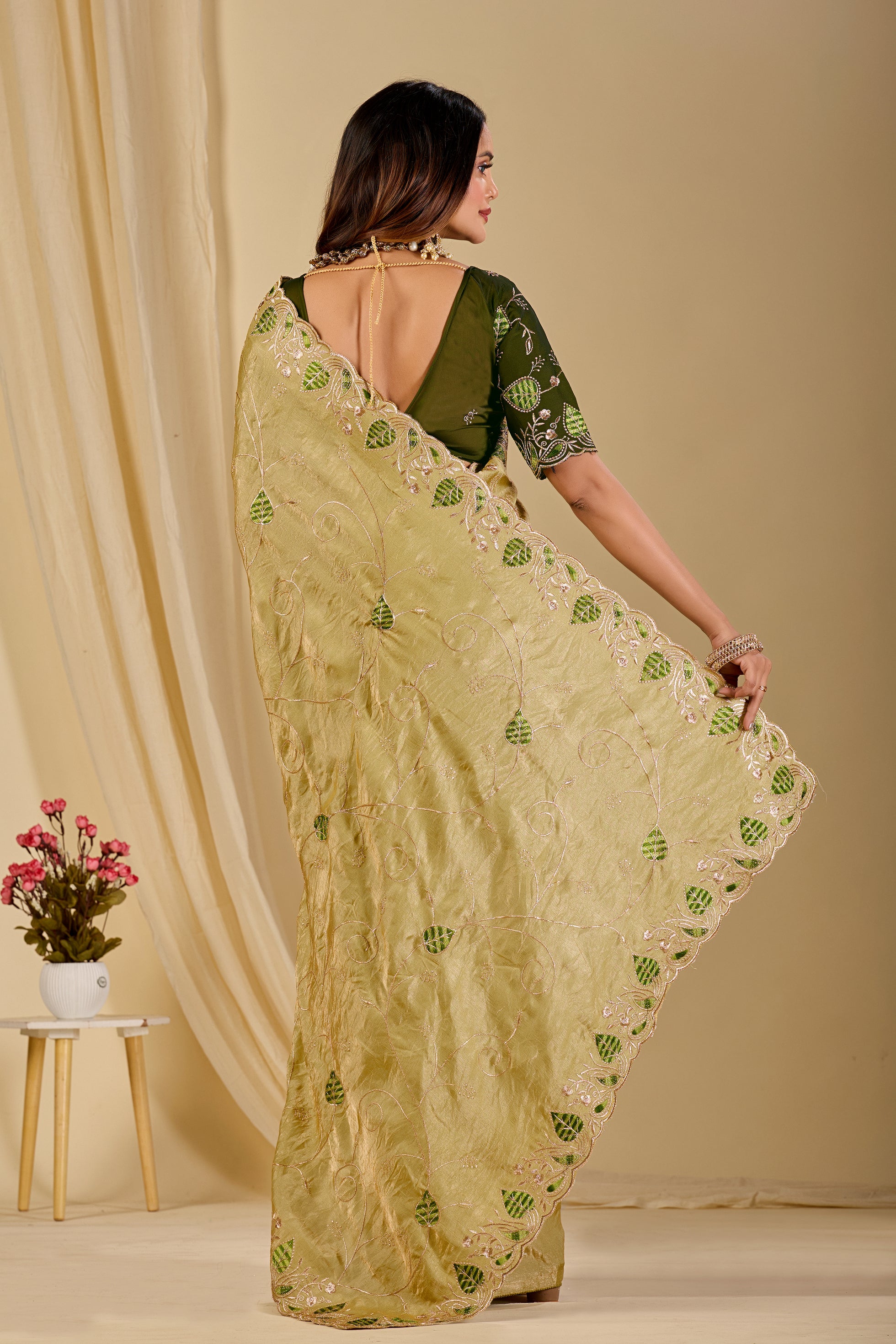 MASHUKA Satin Embellished Embroidered Floral Print Saree - Light Pista