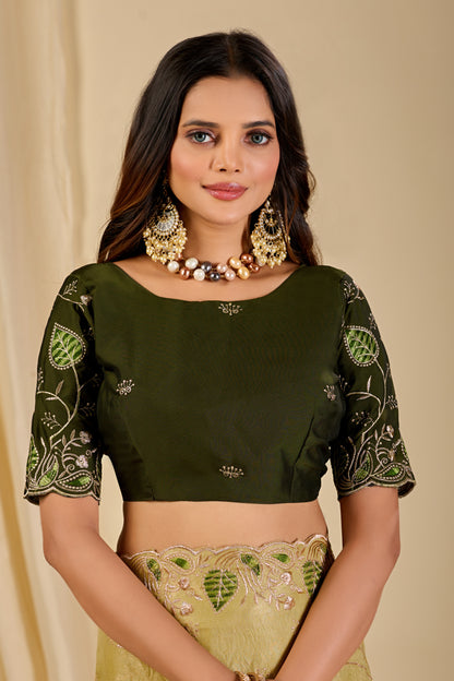 MASHUKA Satin Embellished Embroidered Floral Print Saree - Light Pista