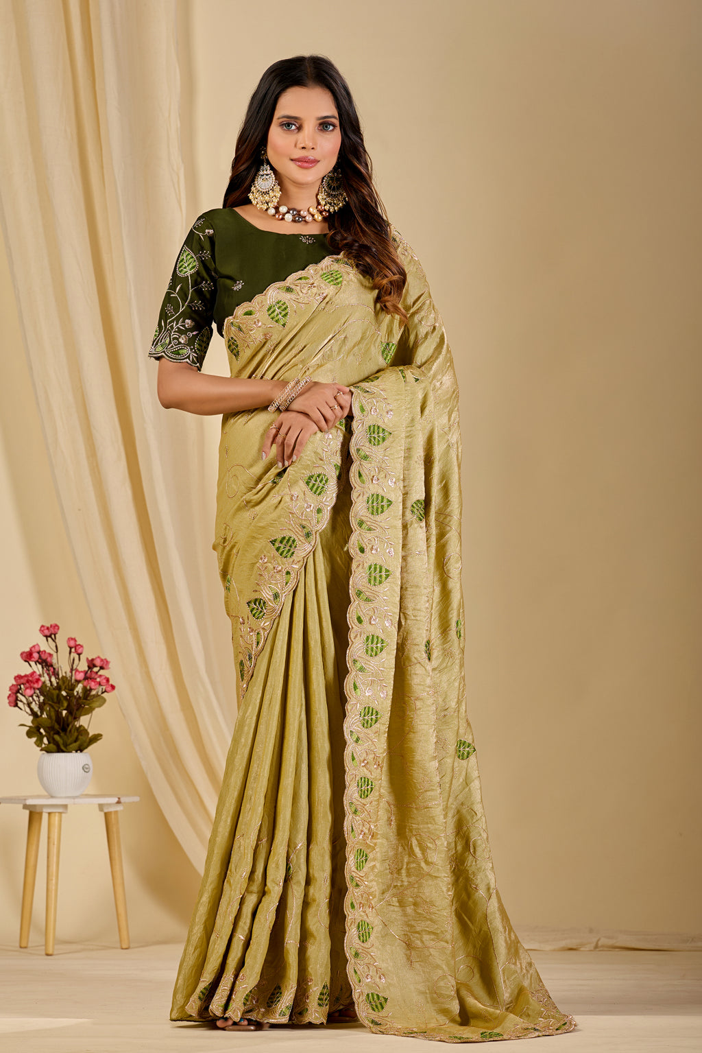 MASHUKA Satin Embellished Embroidered Floral Print Saree - Light Pista