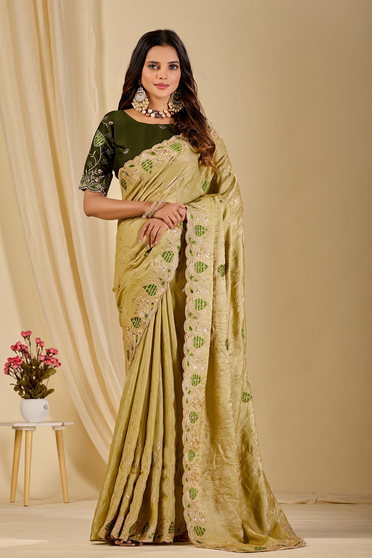 MASHUKA Satin Embellished Embroidered Floral Print Saree - Light Pista