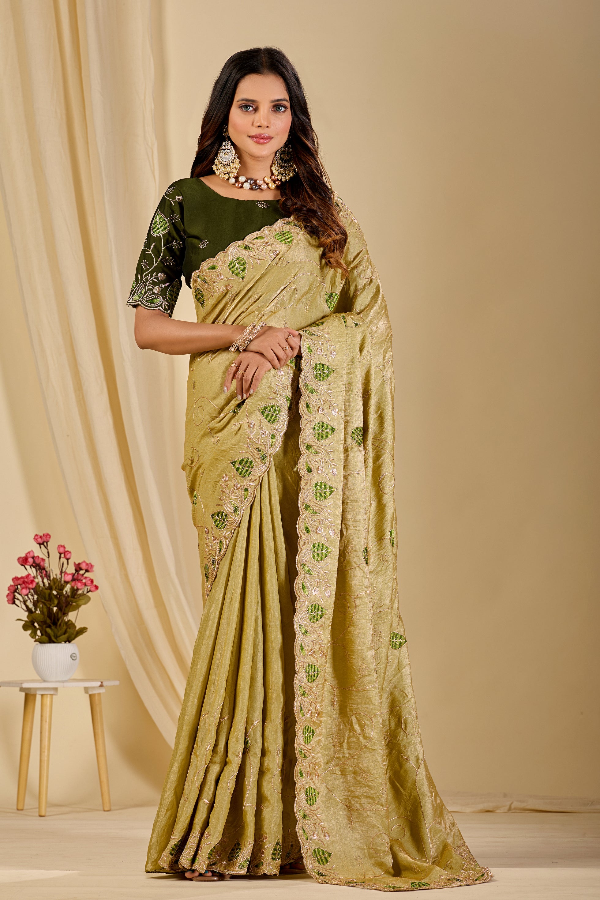 MASHUKA Satin Embellished Embroidered Floral Print Saree - Light Pista