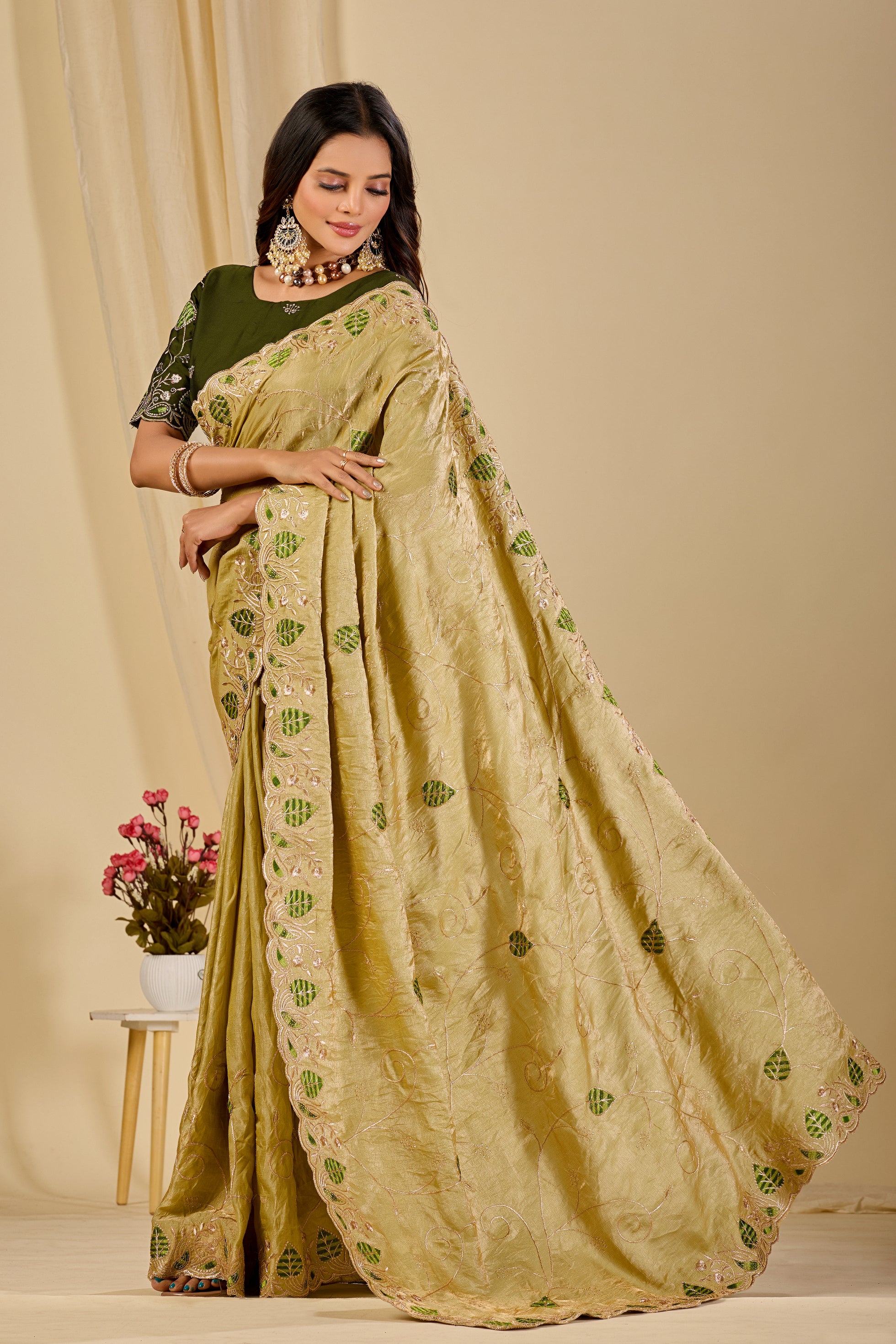 MASHUKA Satin Embellished Embroidered Floral Print Saree - Light Pista