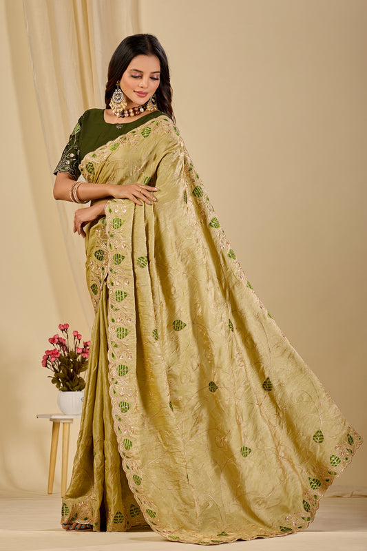 MASHUKA Satin Embellished Embroidered Floral Print Saree - Light Pista