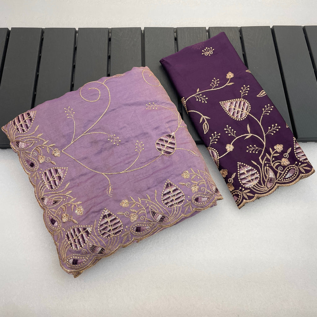 MASHUKA Satin Embellished Embroidered Floral Print Saree - Light Purple