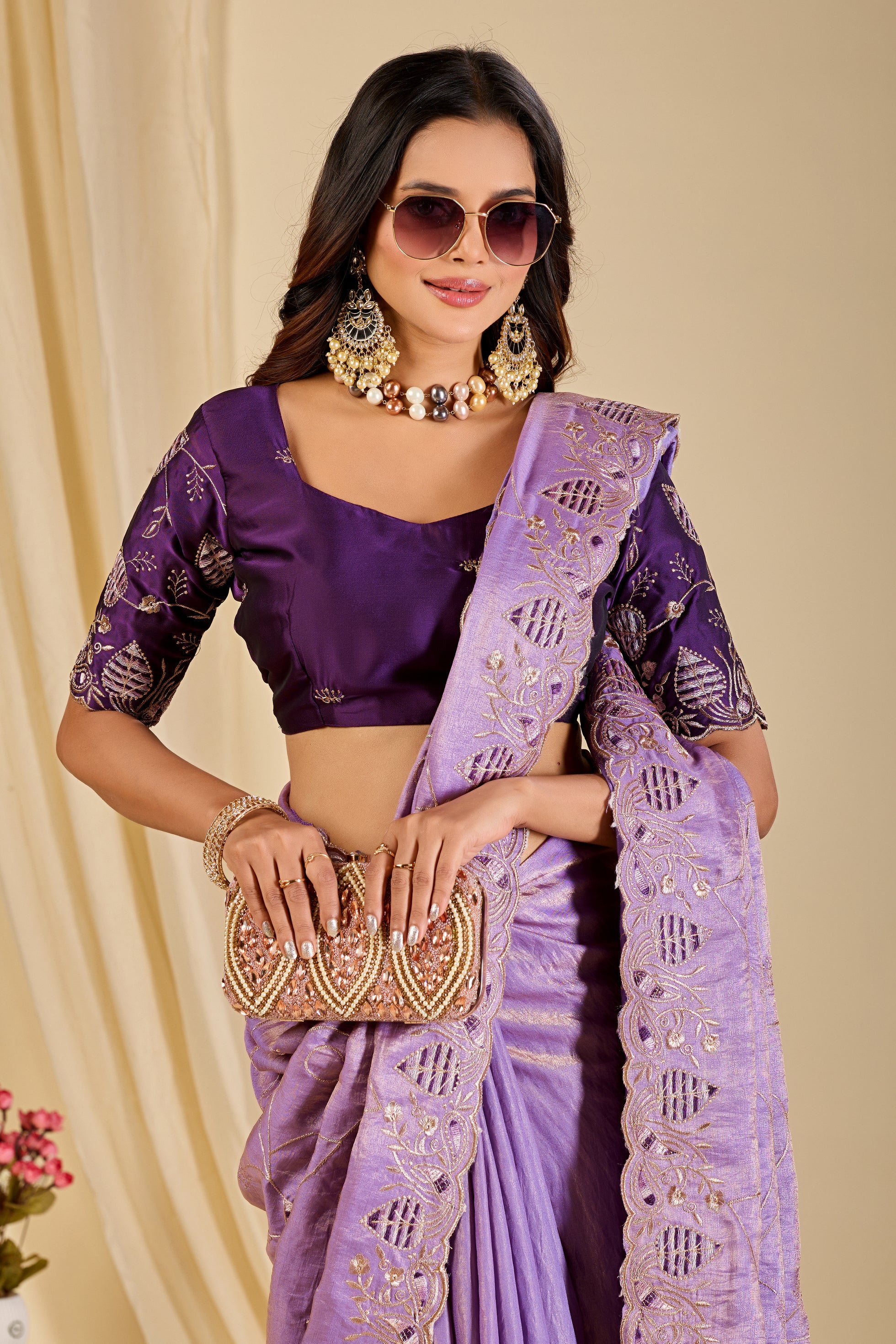 MASHUKA Satin Embellished Embroidered Floral Print Saree - Light Purple