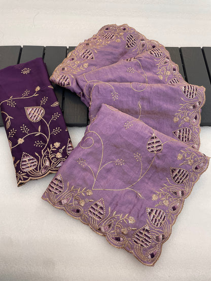 MASHUKA Satin Embellished Embroidered Floral Print Saree - Light Purple