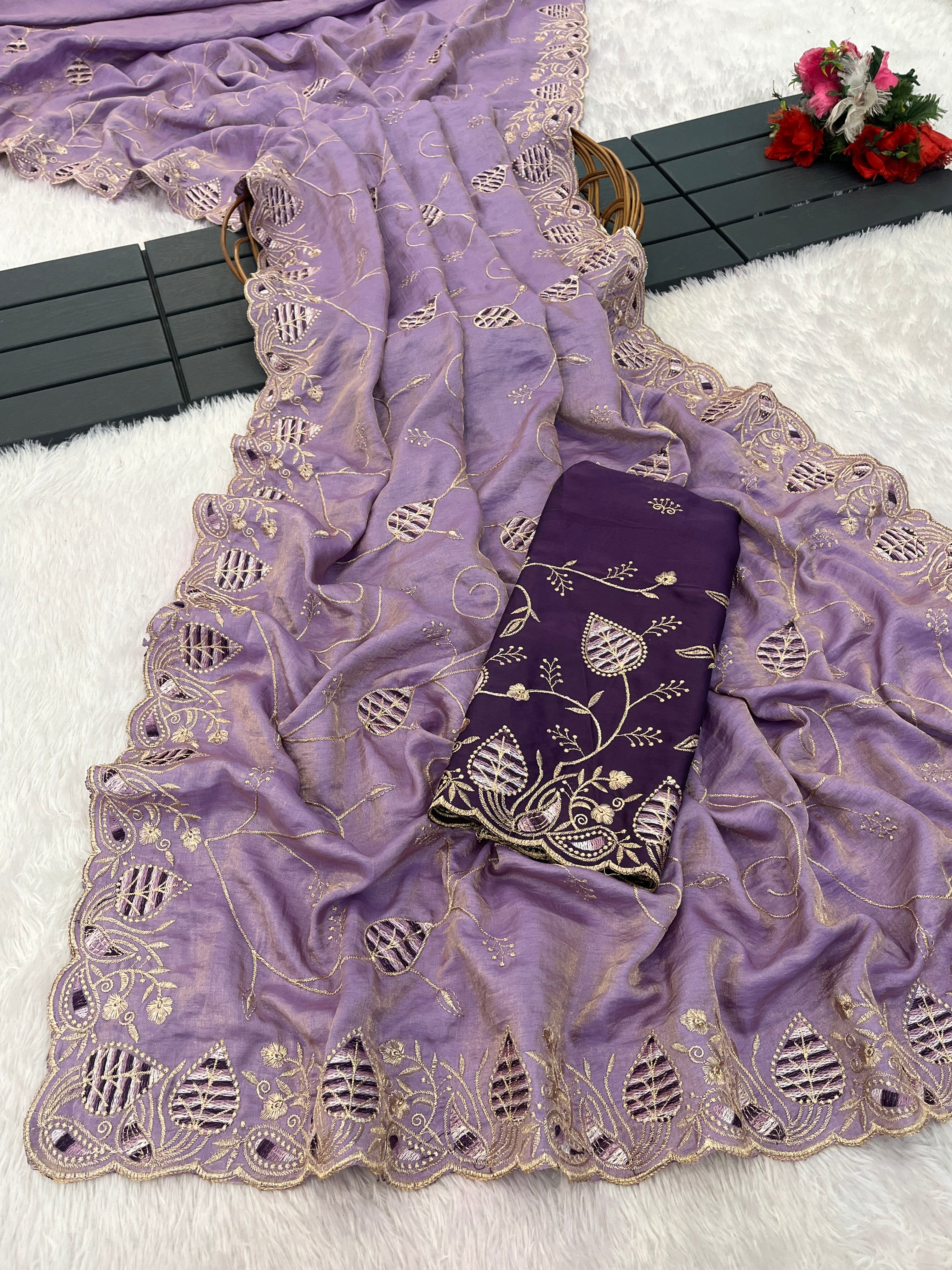 MASHUKA Satin Embellished Embroidered Floral Print Saree - Light Purple