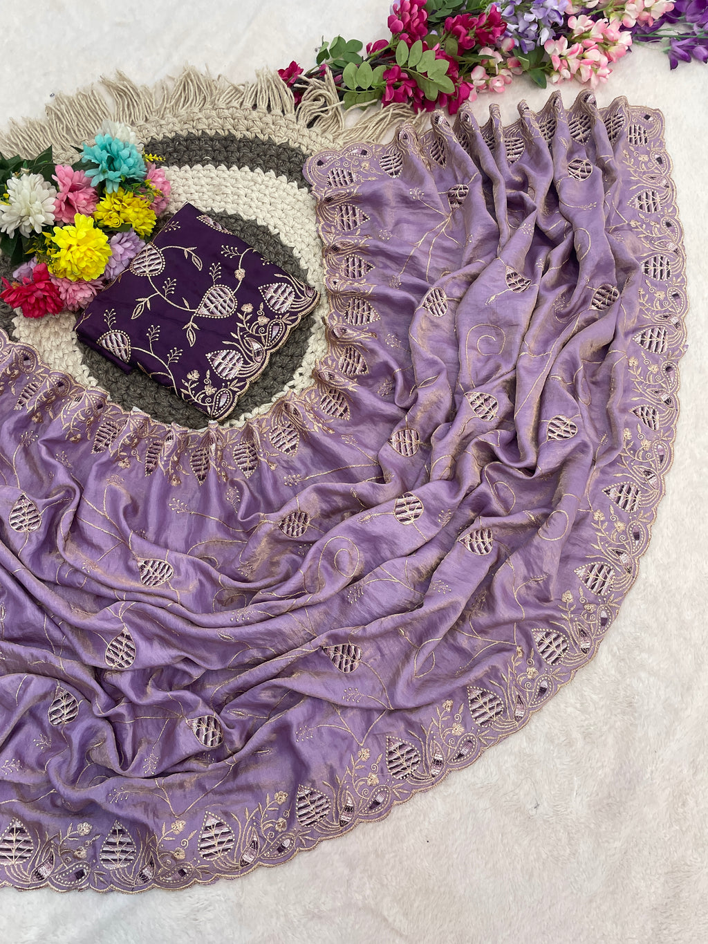 MASHUKA Satin Embellished Embroidered Floral Print Saree - Light Purple