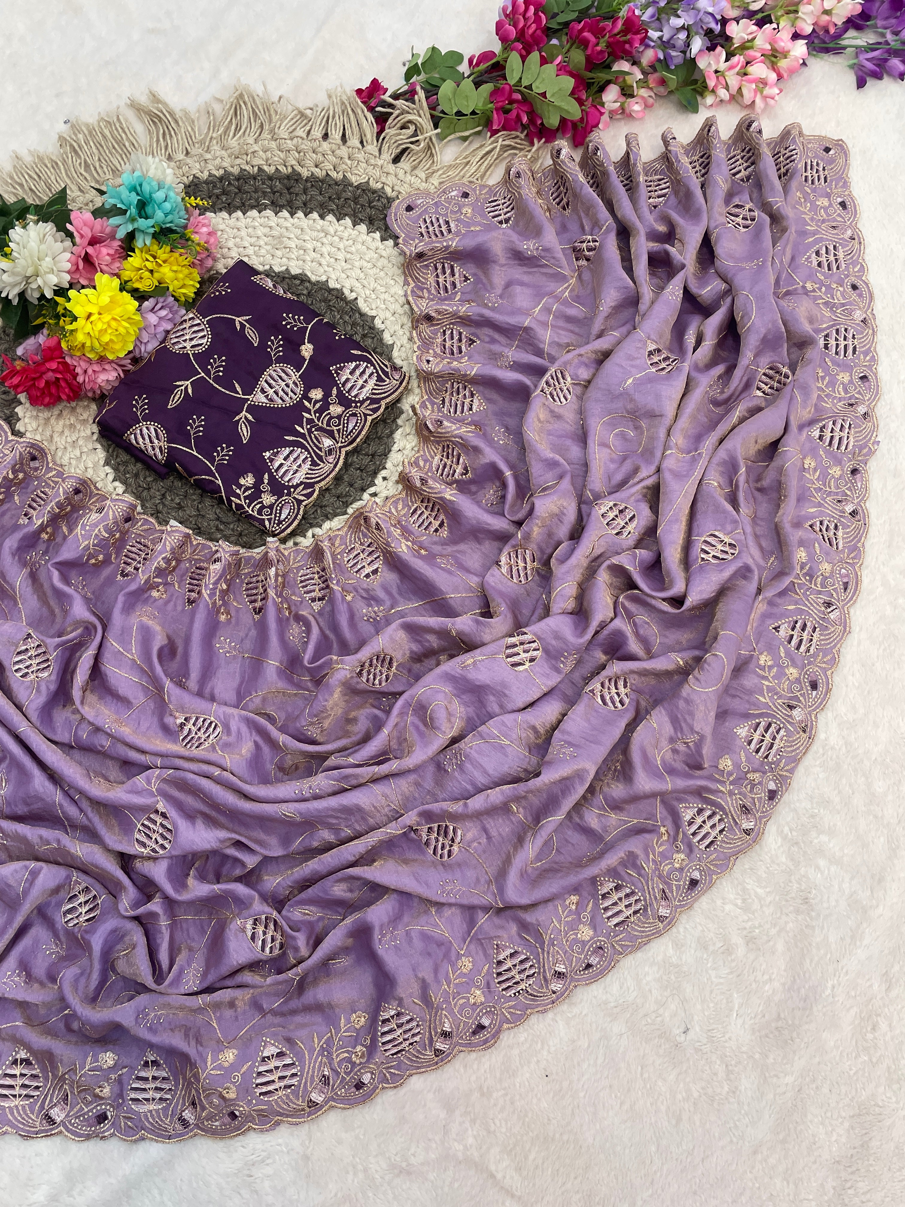 MASHUKA Satin Embellished Embroidered Floral Print Saree - Light Purple