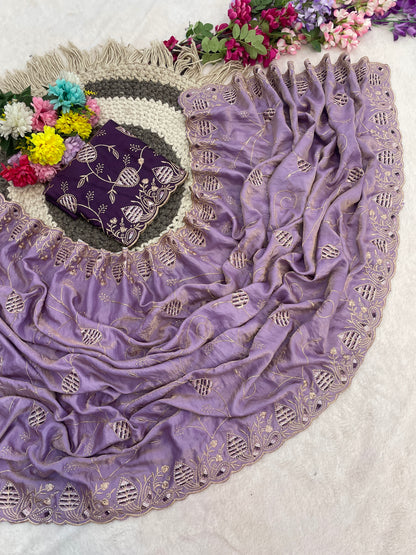 MASHUKA Satin Embellished Embroidered Floral Print Saree - Light Purple