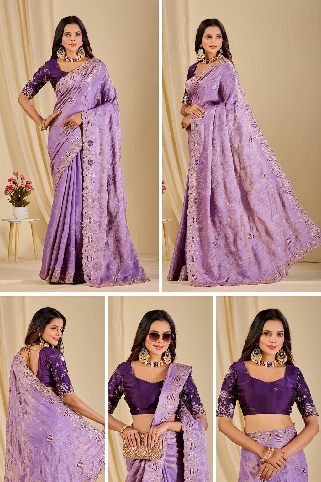 MASHUKA Satin Embellished Embroidered Floral Print Saree - Light Purple