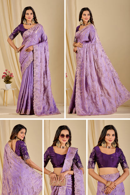 MASHUKA Satin Embellished Embroidered Floral Print Saree - Light Purple