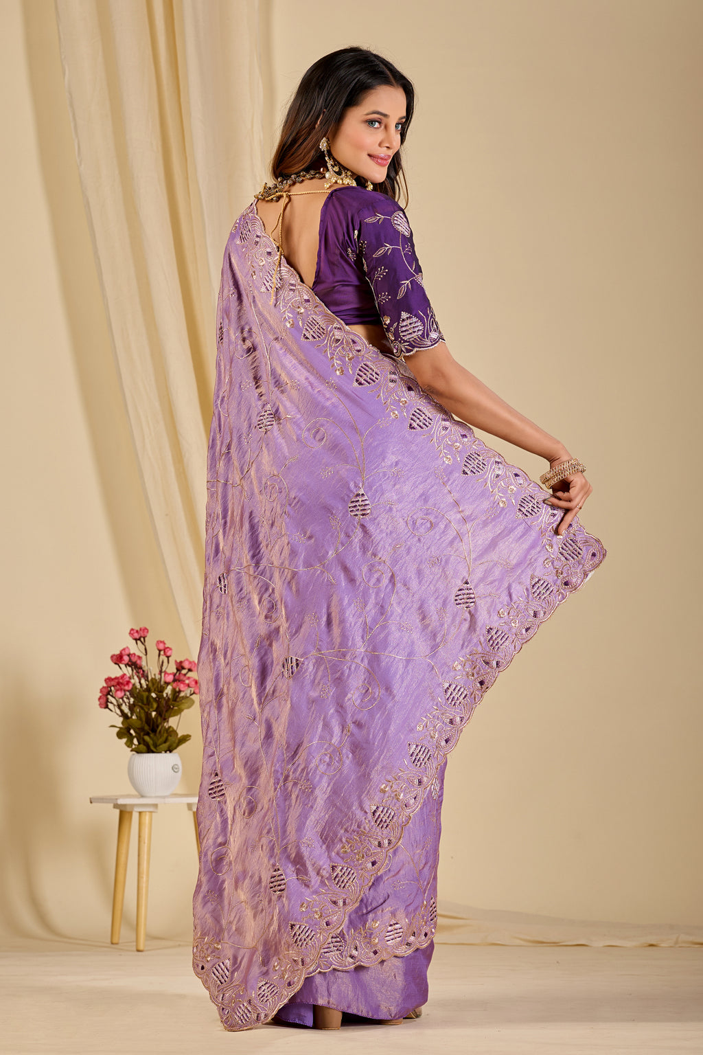MASHUKA Satin Embellished Embroidered Floral Print Saree - Light Purple