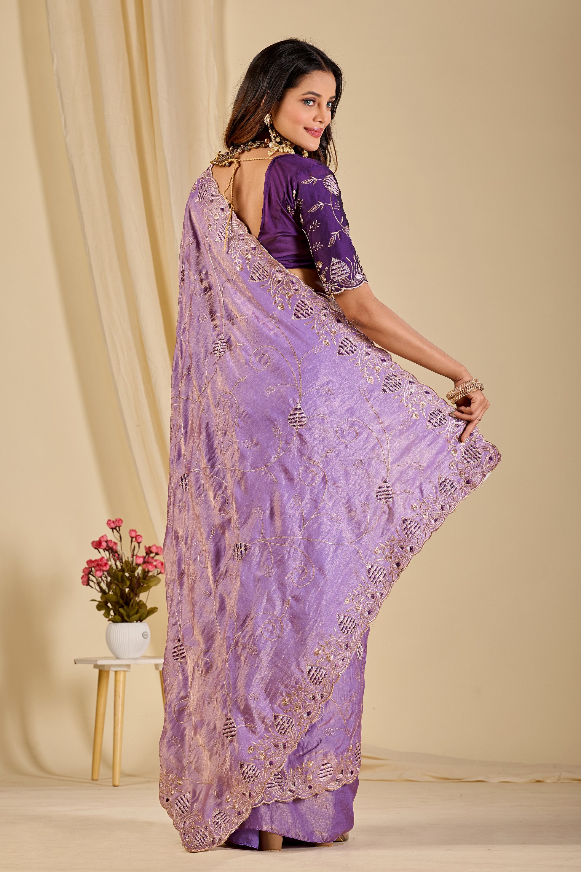 MASHUKA Satin Embellished Embroidered Floral Print Saree - Light Purple