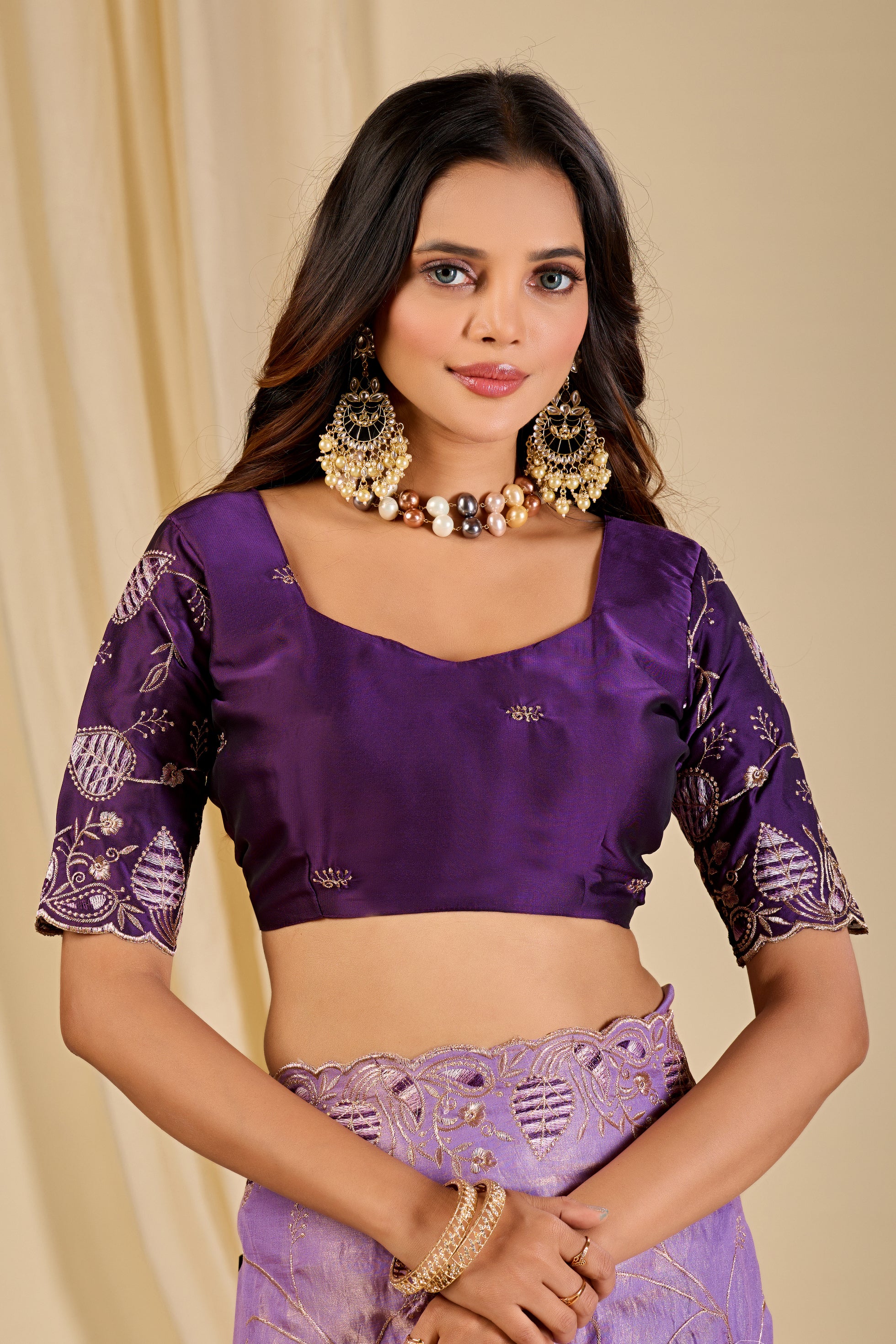 MASHUKA Satin Embellished Embroidered Floral Print Saree - Light Purple