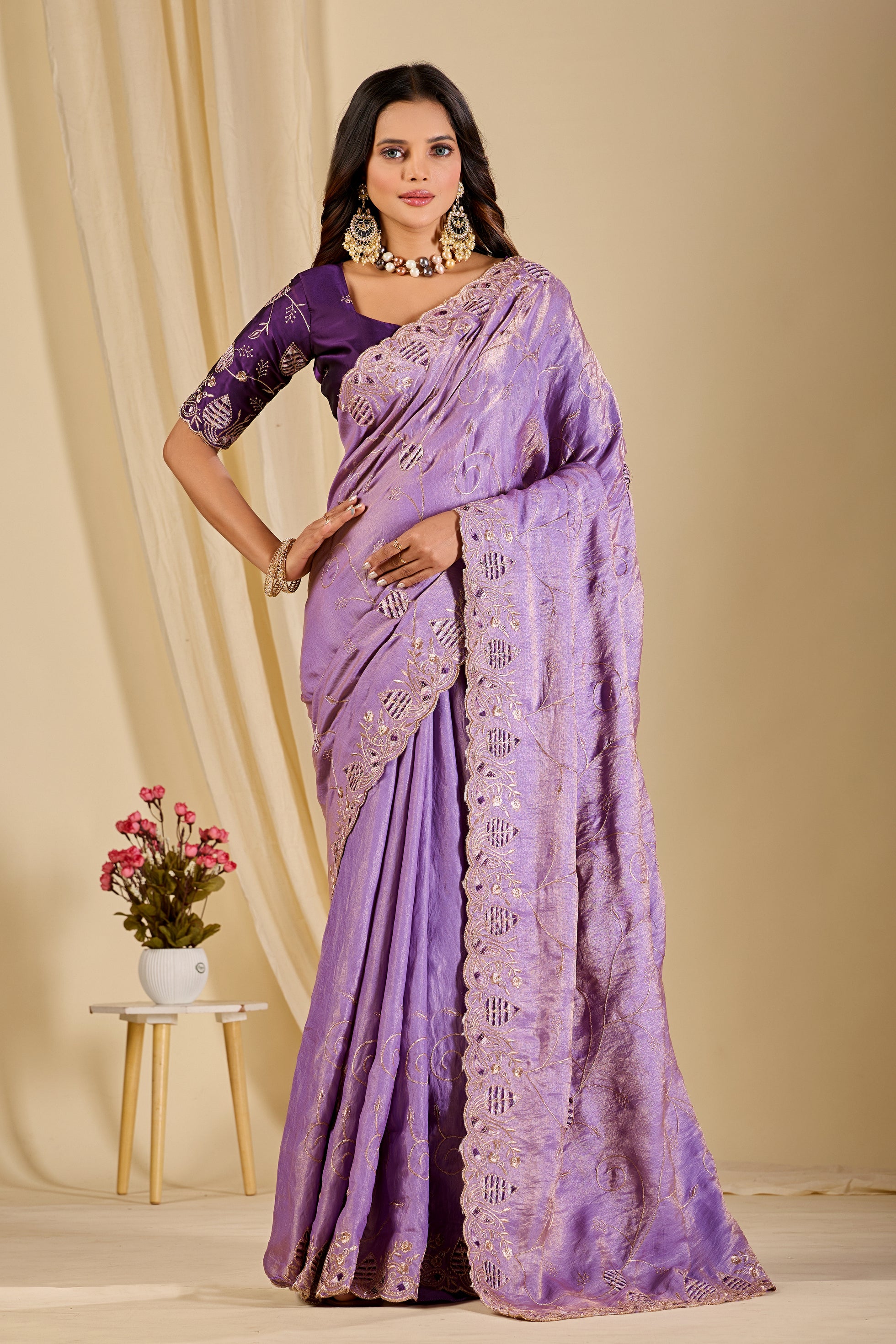 MASHUKA Satin Embellished Embroidered Floral Print Saree - Light Purple
