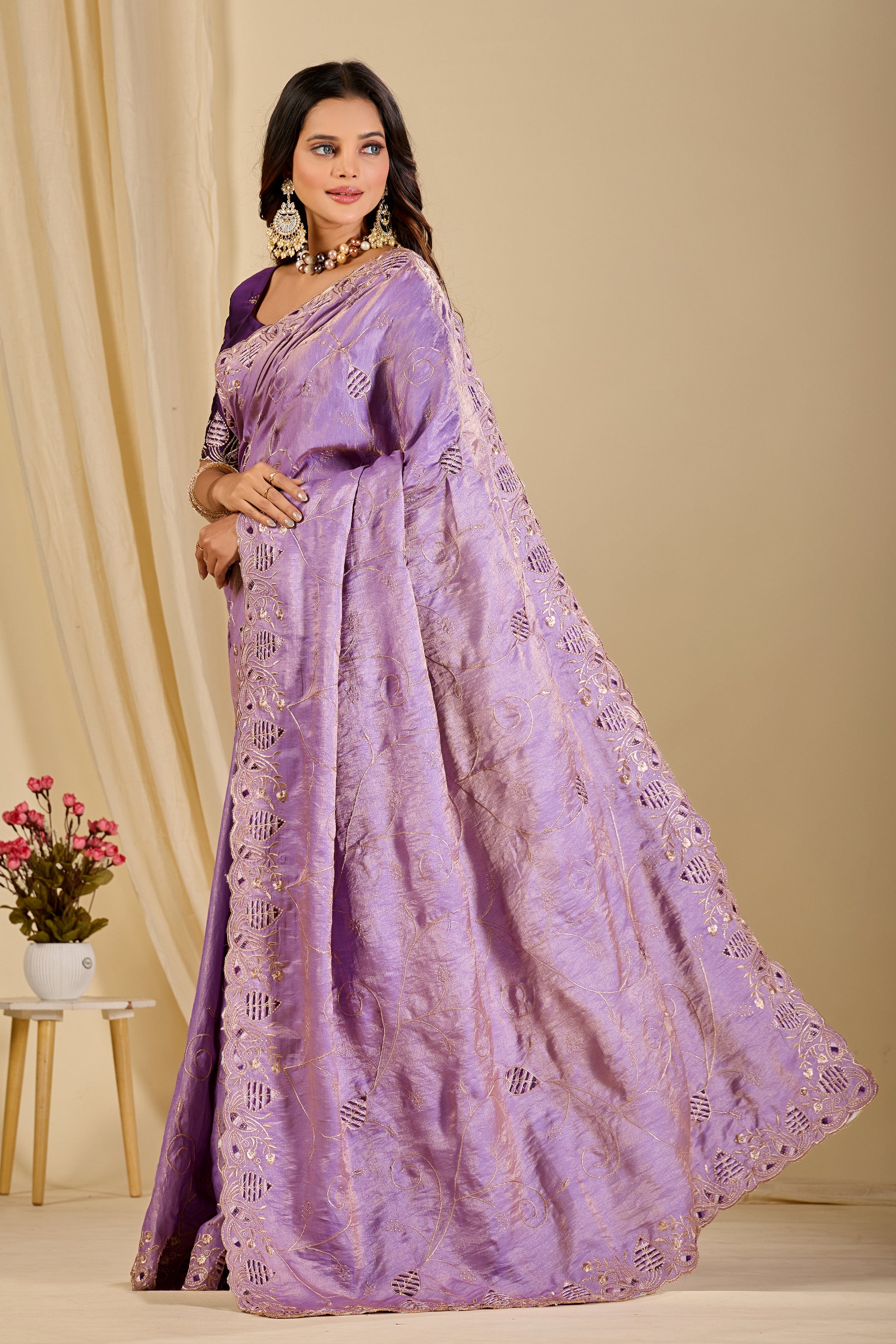 MASHUKA Satin Embellished Embroidered Floral Print Saree - Light Purple