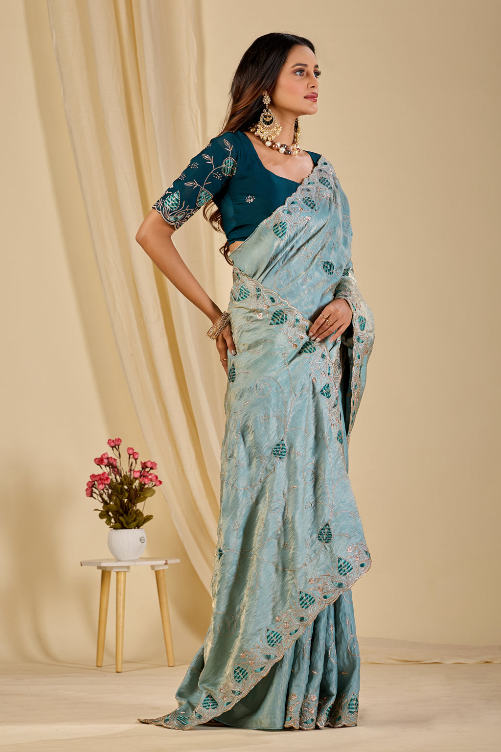 MASHUKA Satin Embellished Embroidered Floral Print Saree - Light Sky
