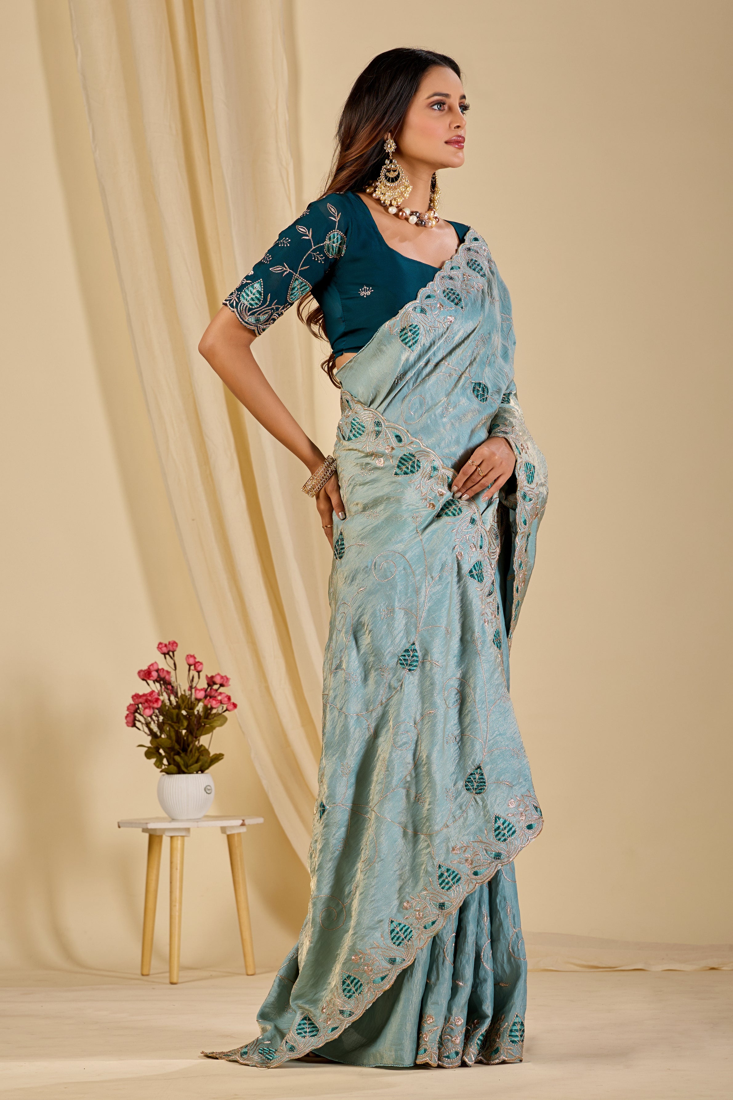 MASHUKA Satin Embellished Embroidered Floral Print Saree - Light Sky