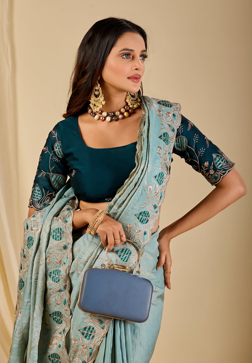 MASHUKA Satin Embellished Embroidered Floral Print Saree - Light Sky