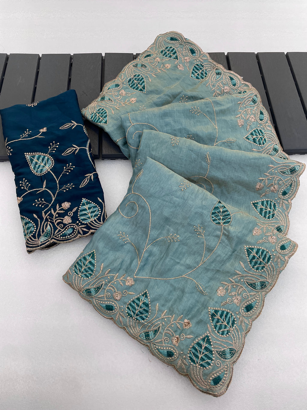 MASHUKA Satin Embellished Embroidered Floral Print Saree - Light Sky