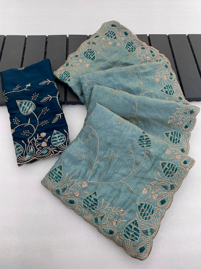 MASHUKA Satin Embellished Embroidered Floral Print Saree - Light Sky
