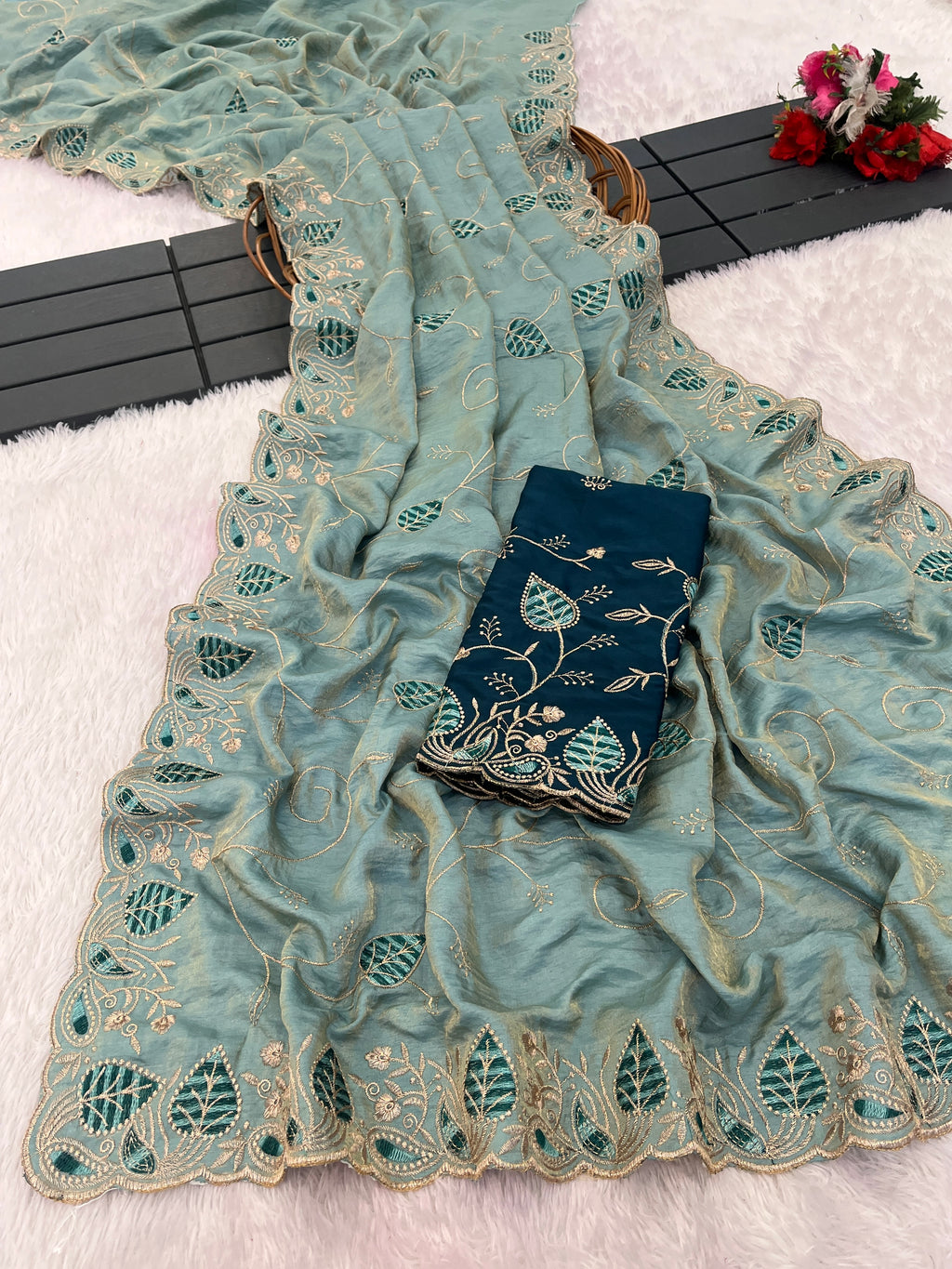 MASHUKA Satin Embellished Embroidered Floral Print Saree - Light Sky