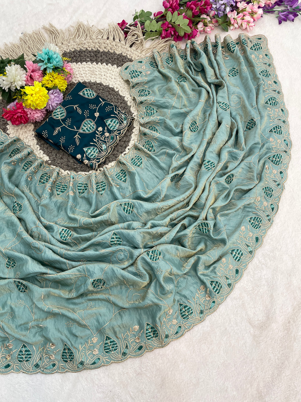 MASHUKA Satin Embellished Embroidered Floral Print Saree - Light Sky
