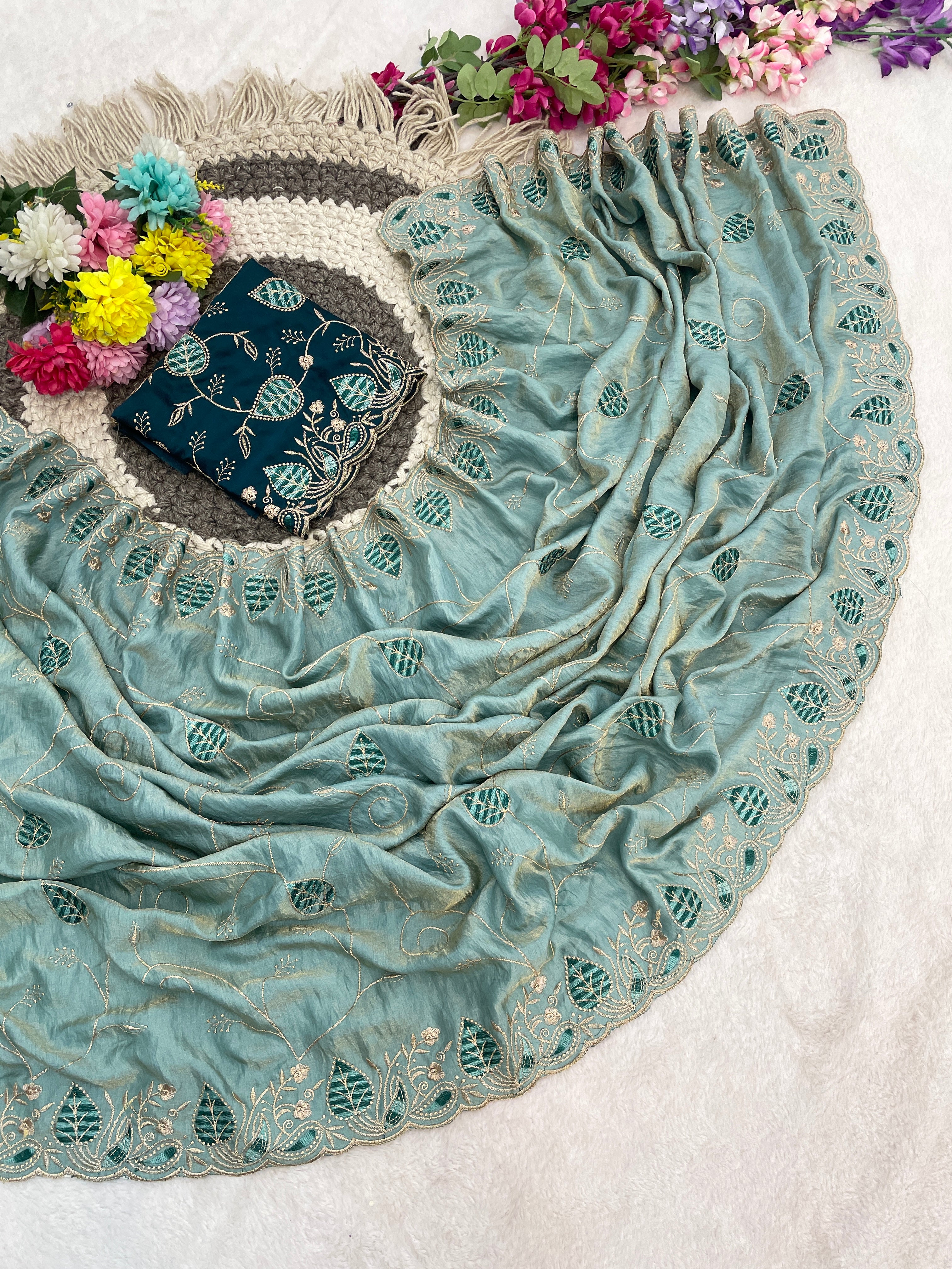 MASHUKA Satin Embellished Embroidered Floral Print Saree - Light Sky