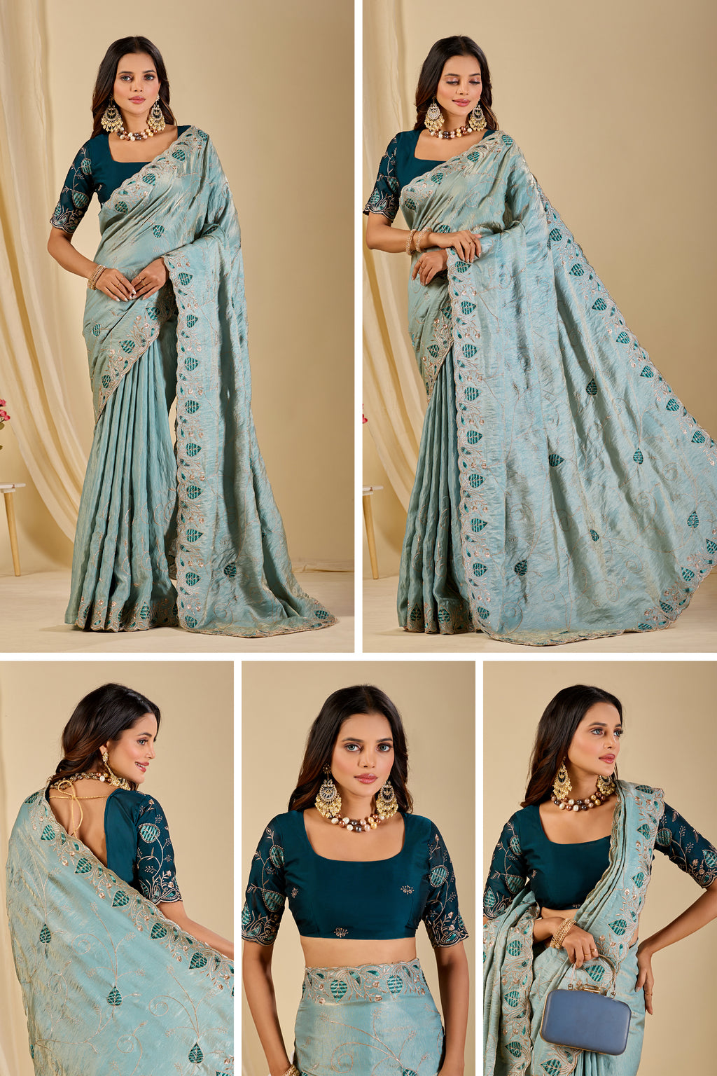 MASHUKA Satin Embellished Embroidered Floral Print Saree - Light Sky