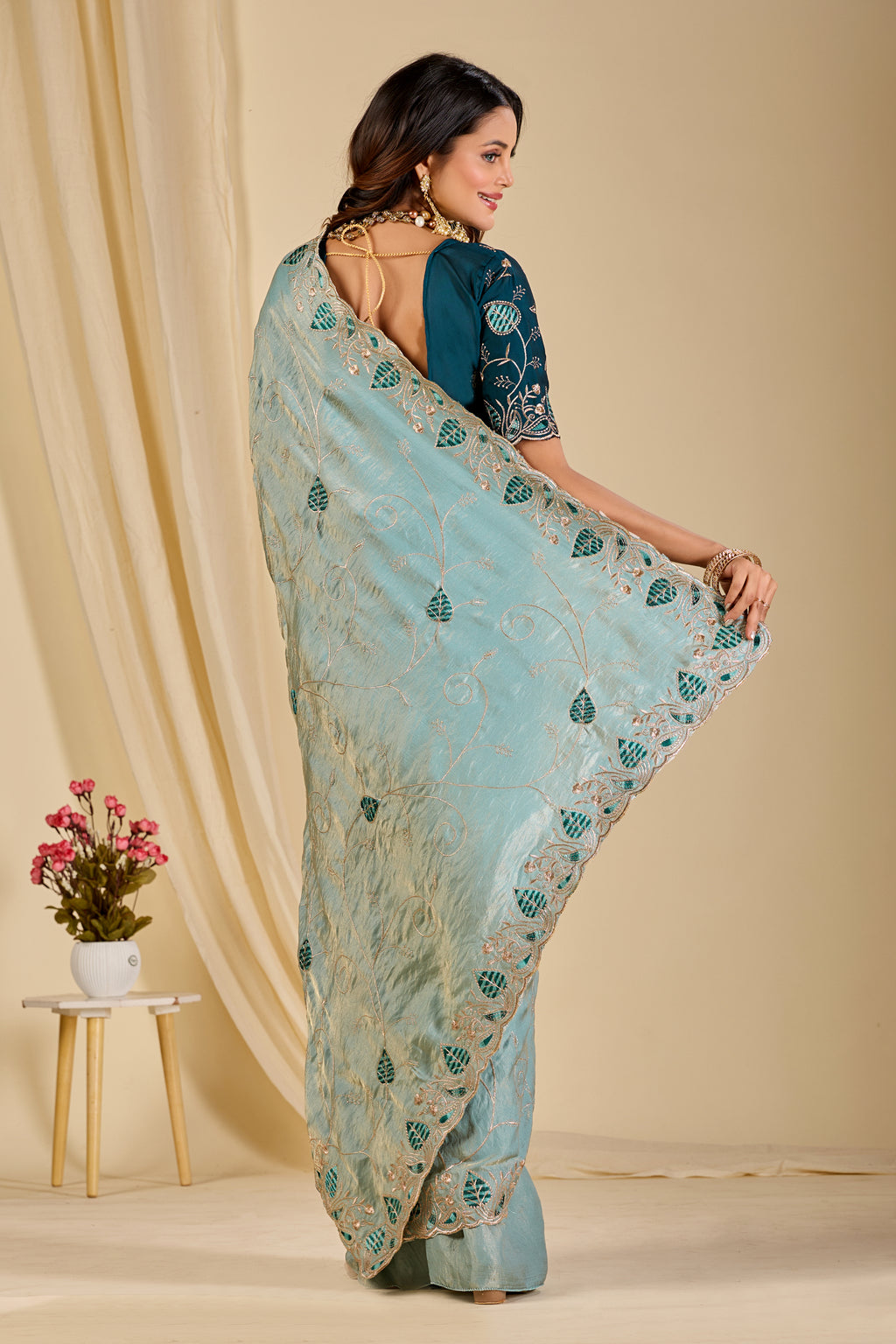 MASHUKA Satin Embellished Embroidered Floral Print Saree - Light Sky