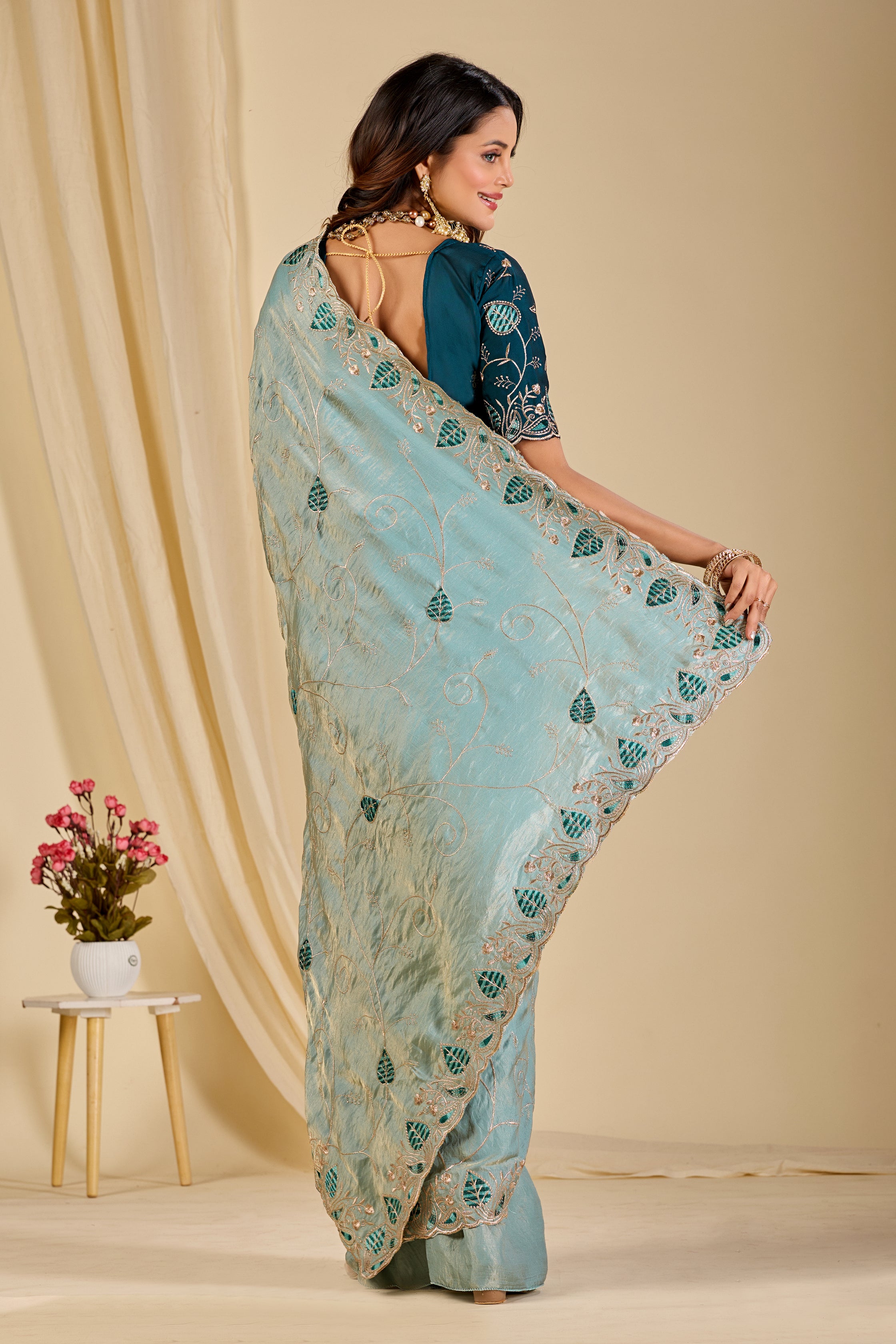 MASHUKA Satin Embellished Embroidered Floral Print Saree - Light Sky