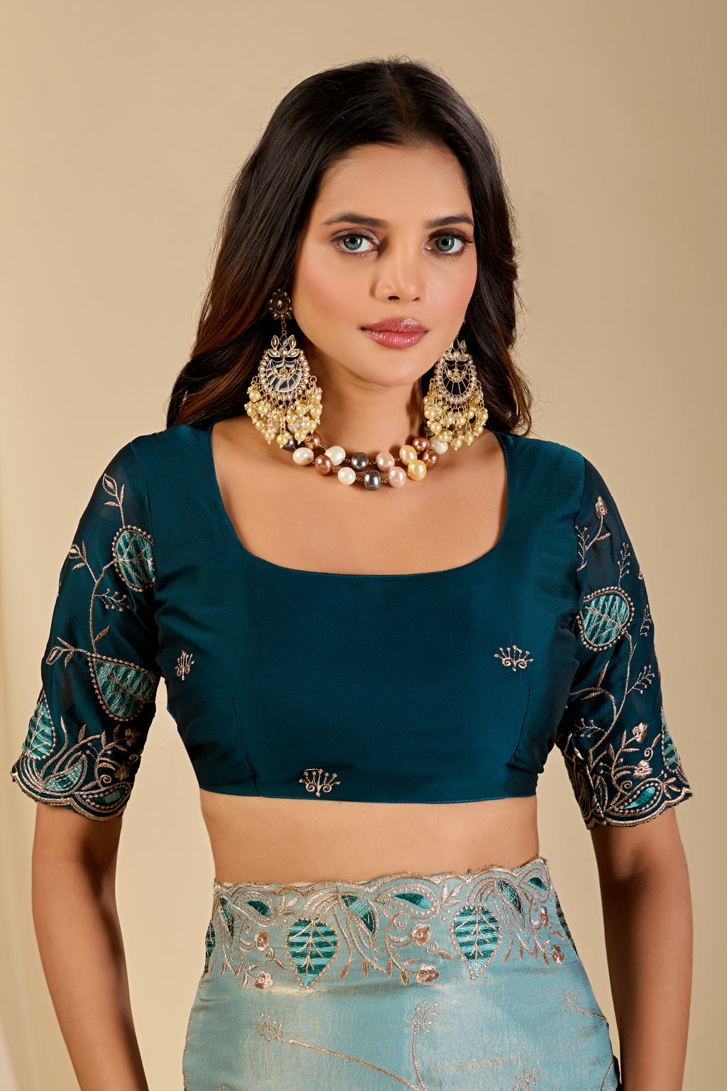 MASHUKA Satin Embellished Embroidered Floral Print Saree - Light Sky