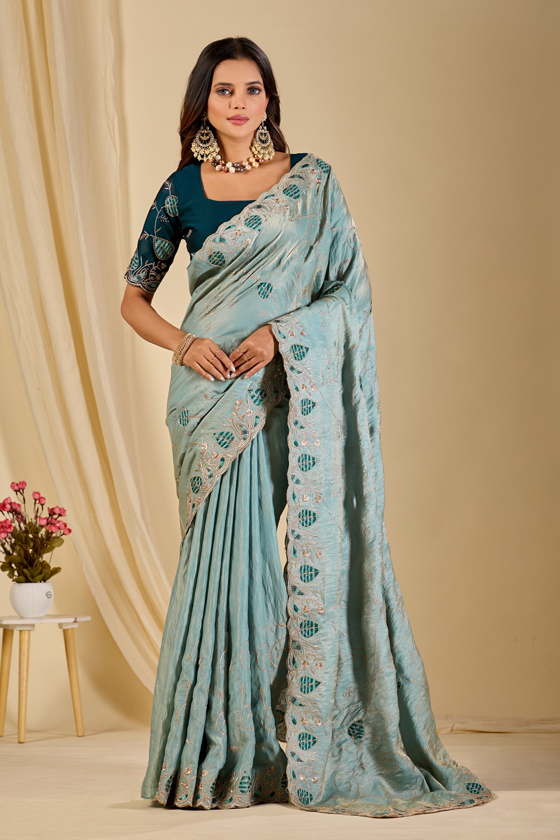 MASHUKA Satin Embellished Embroidered Floral Print Saree - Light Sky