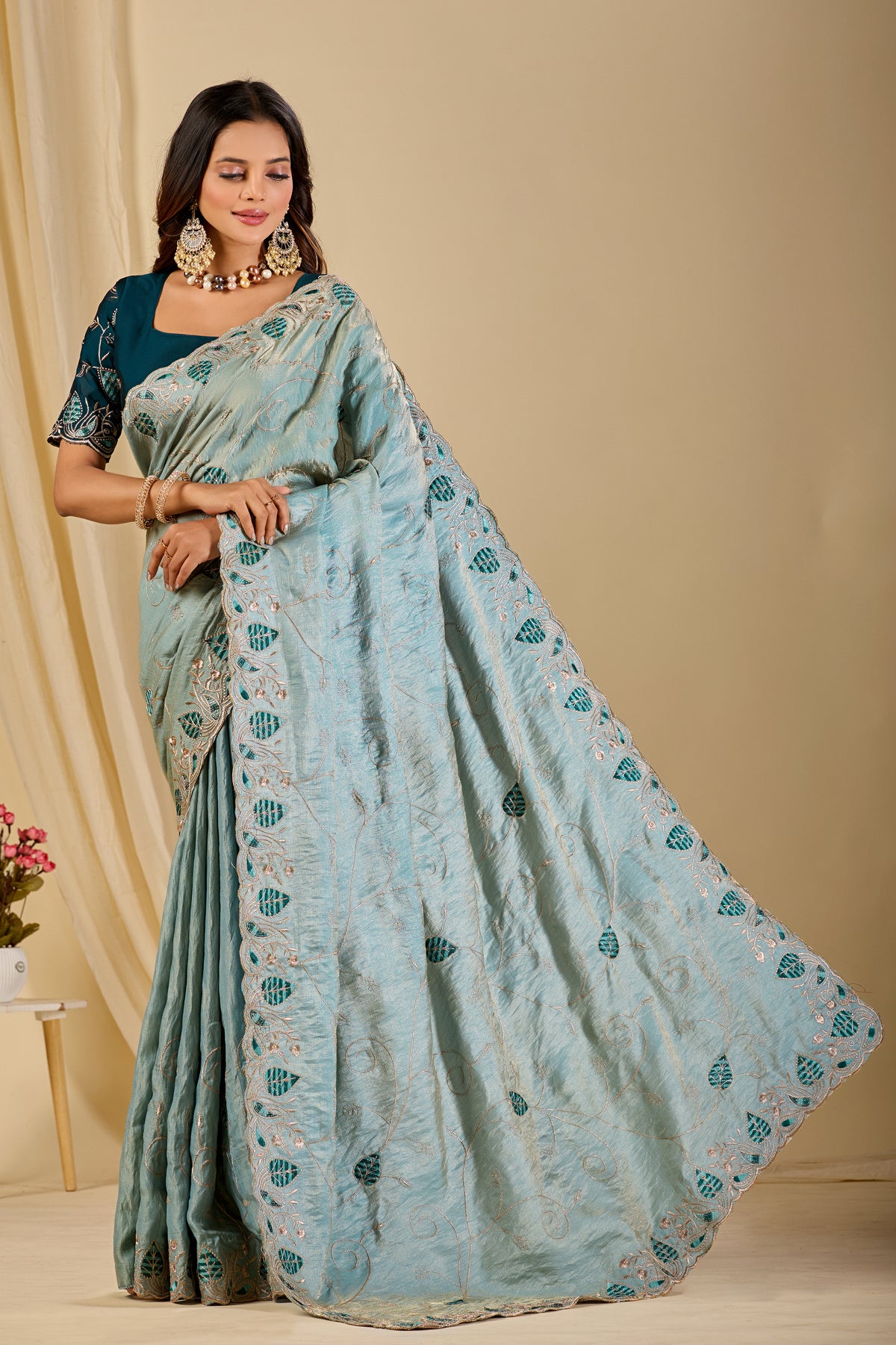 MASHUKA Satin Embellished Embroidered Floral Print Saree - Light Sky