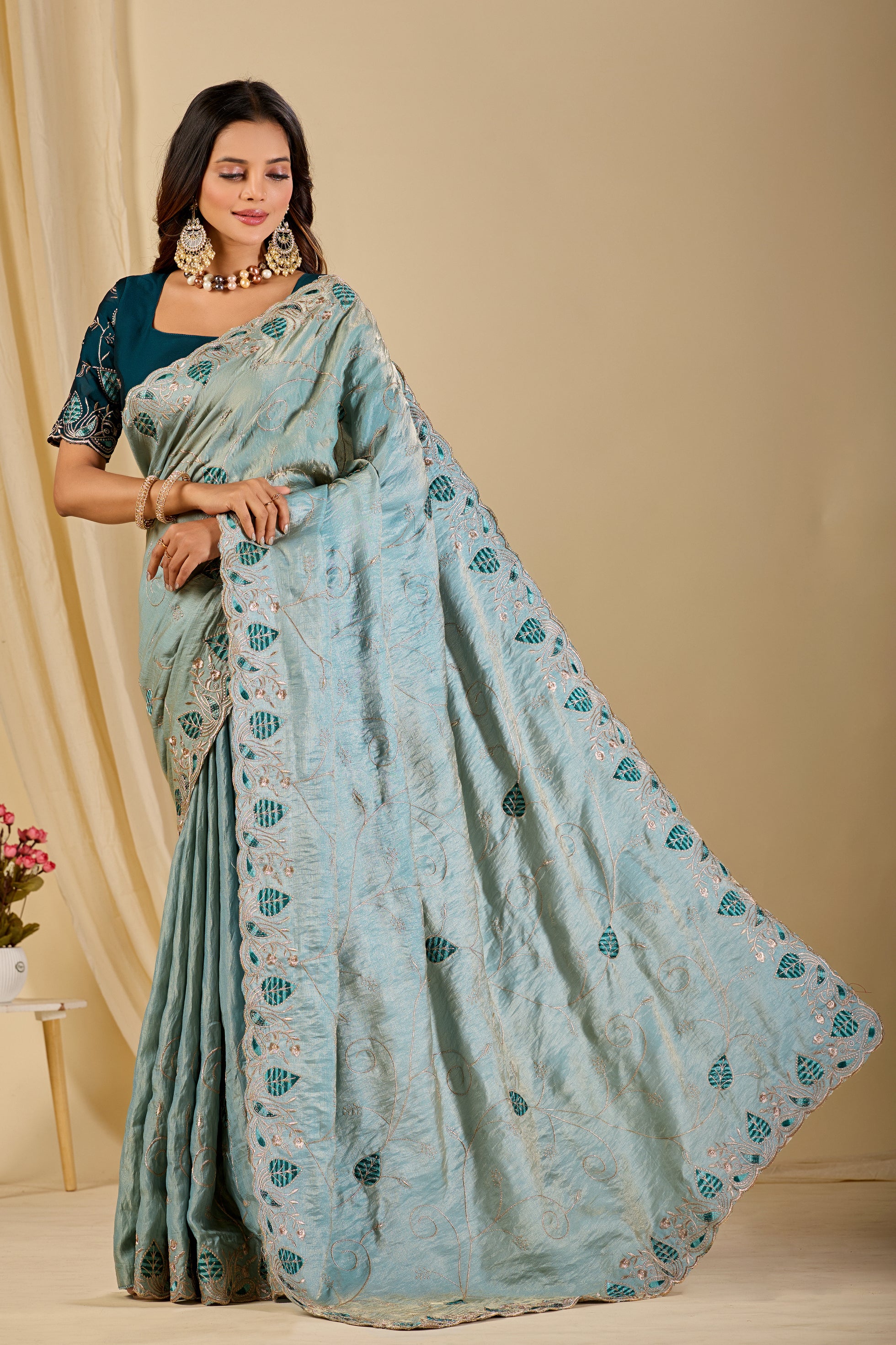 MASHUKA Satin Embellished Embroidered Floral Print Saree - Light Sky