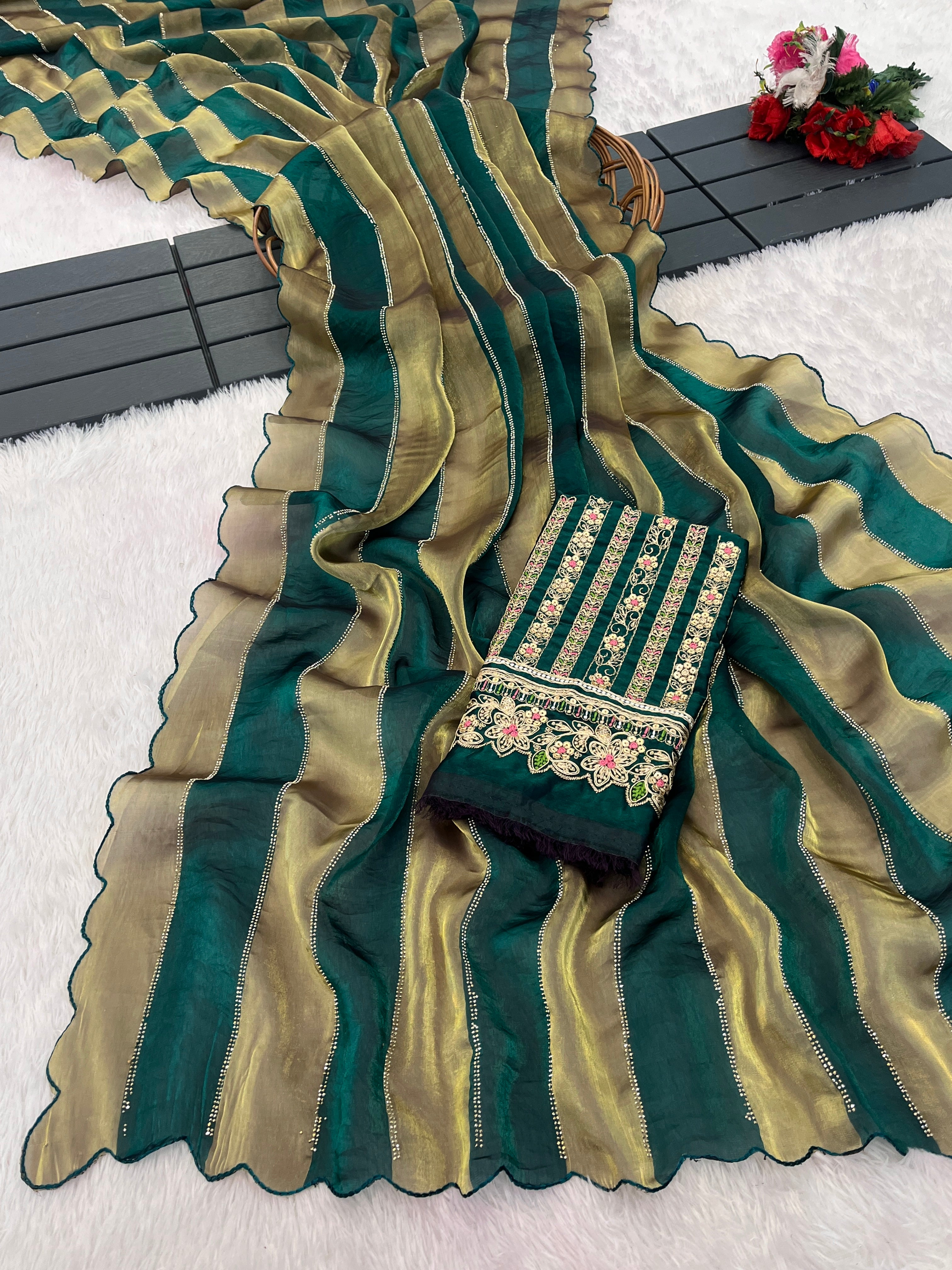 NAYANTARA Satin Embellished Embroidered Saree - Bottle Green