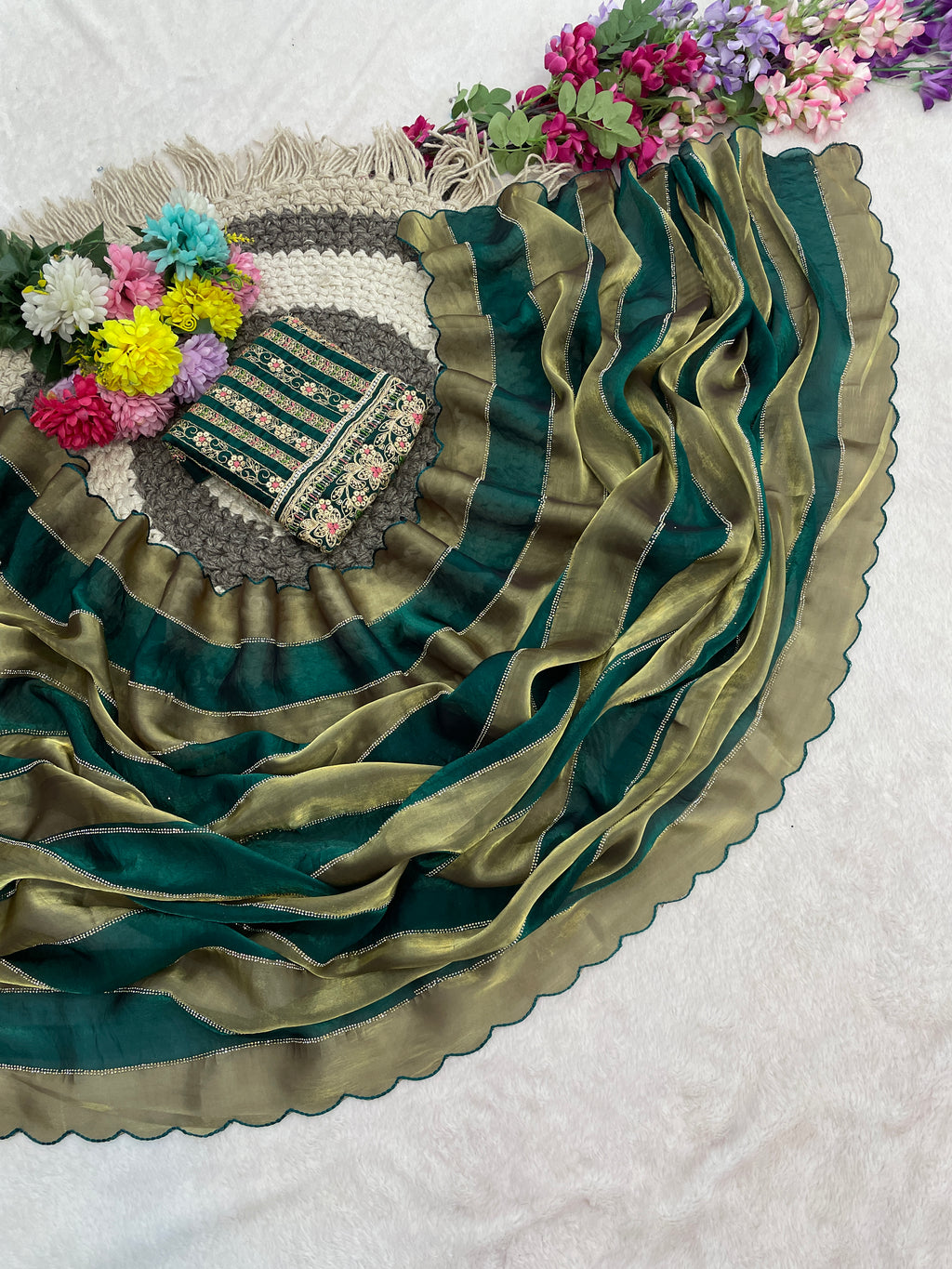 NAYANTARA Satin Embellished Embroidered Saree - Bottle Green