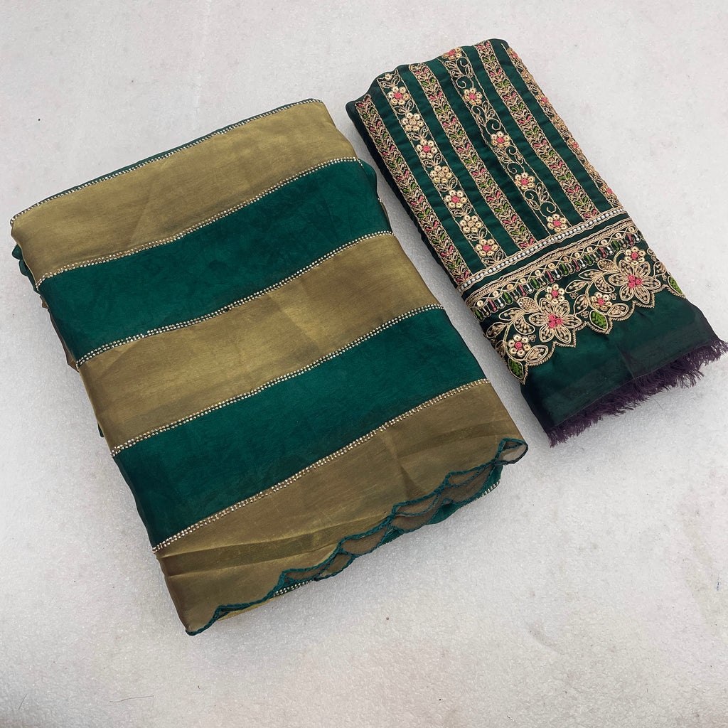 NAYANTARA Satin Embellished Embroidered Saree - Bottle Green