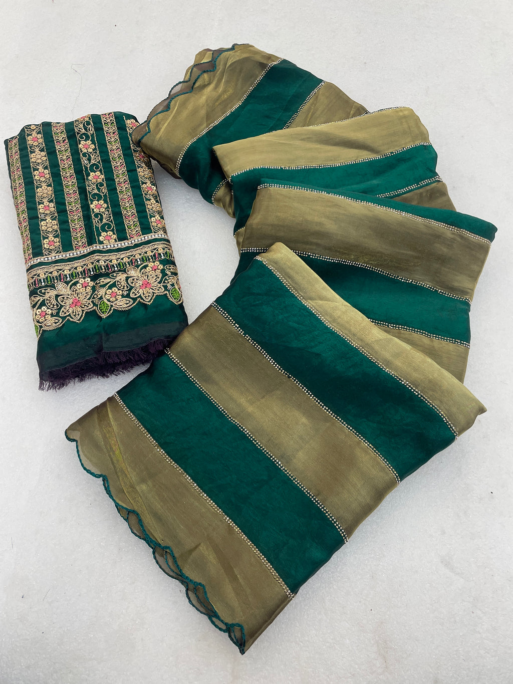 NAYANTARA Satin Embellished Embroidered Saree - Bottle Green