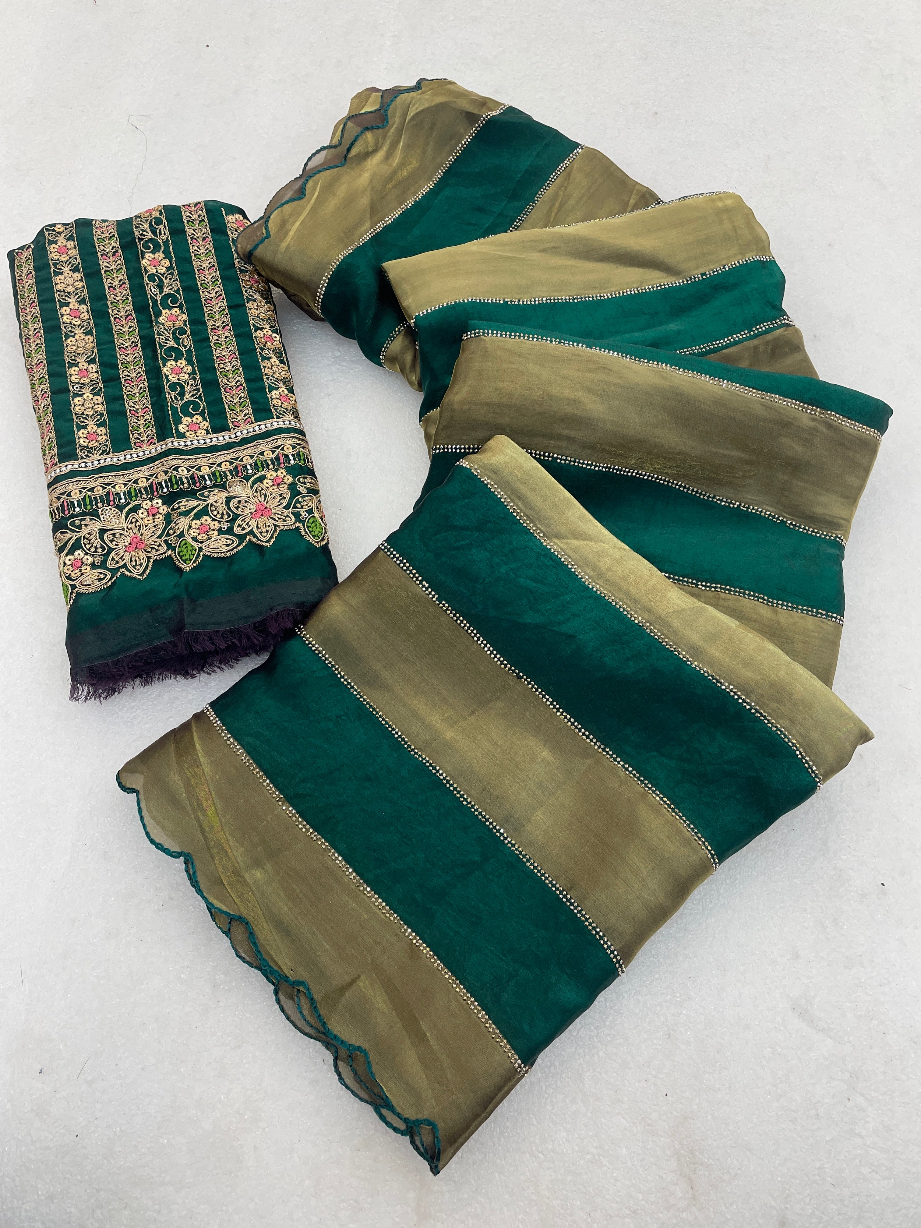 NAYANTARA Satin Embellished Embroidered Saree - Bottle Green