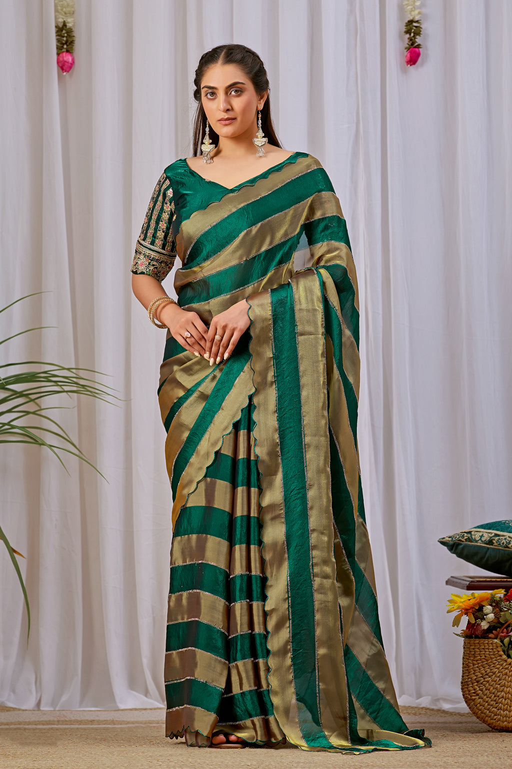 NAYANTARA Satin Embellished Embroidered Saree - Bottle Green