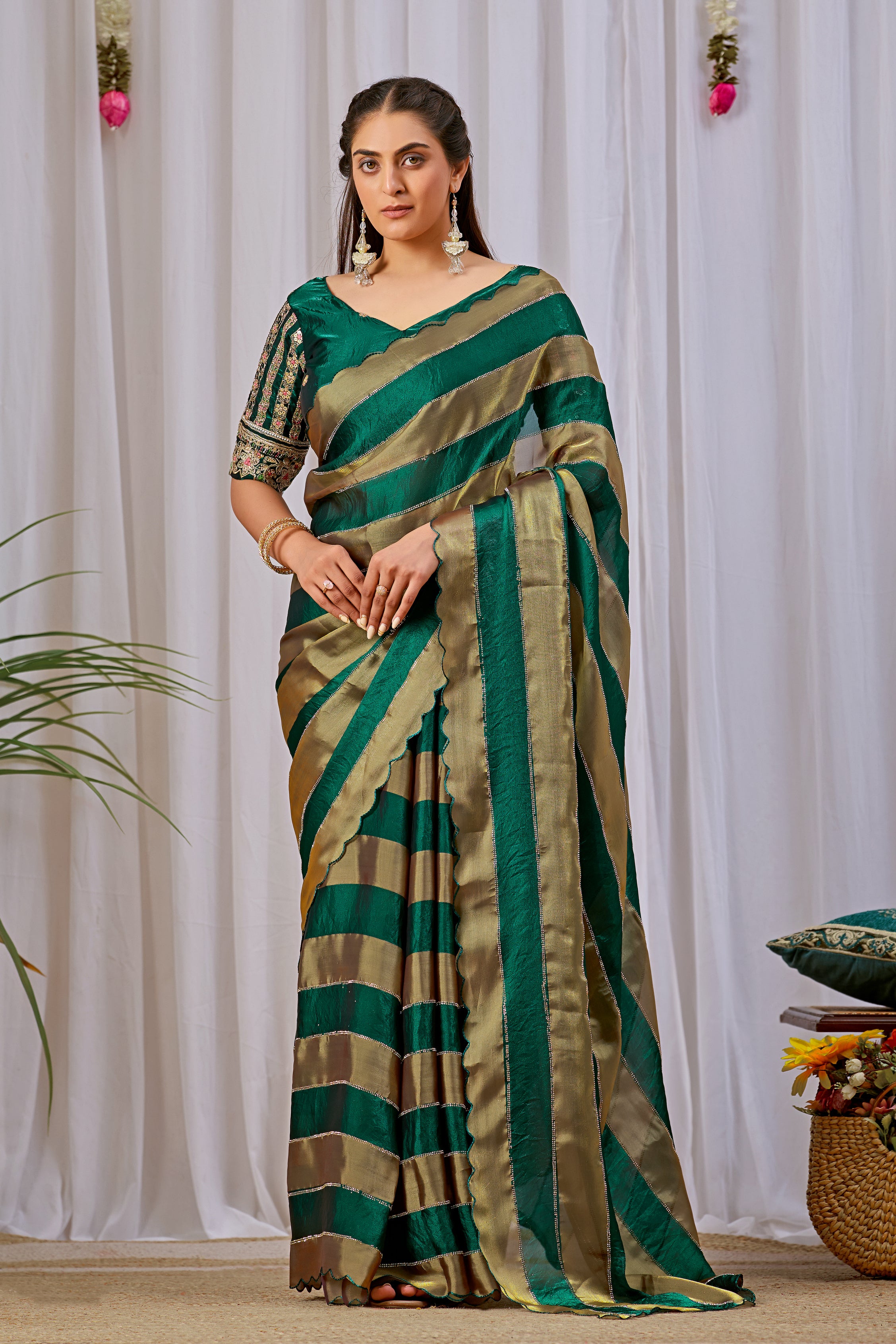 NAYANTARA Satin Embellished Embroidered Saree - Bottle Green