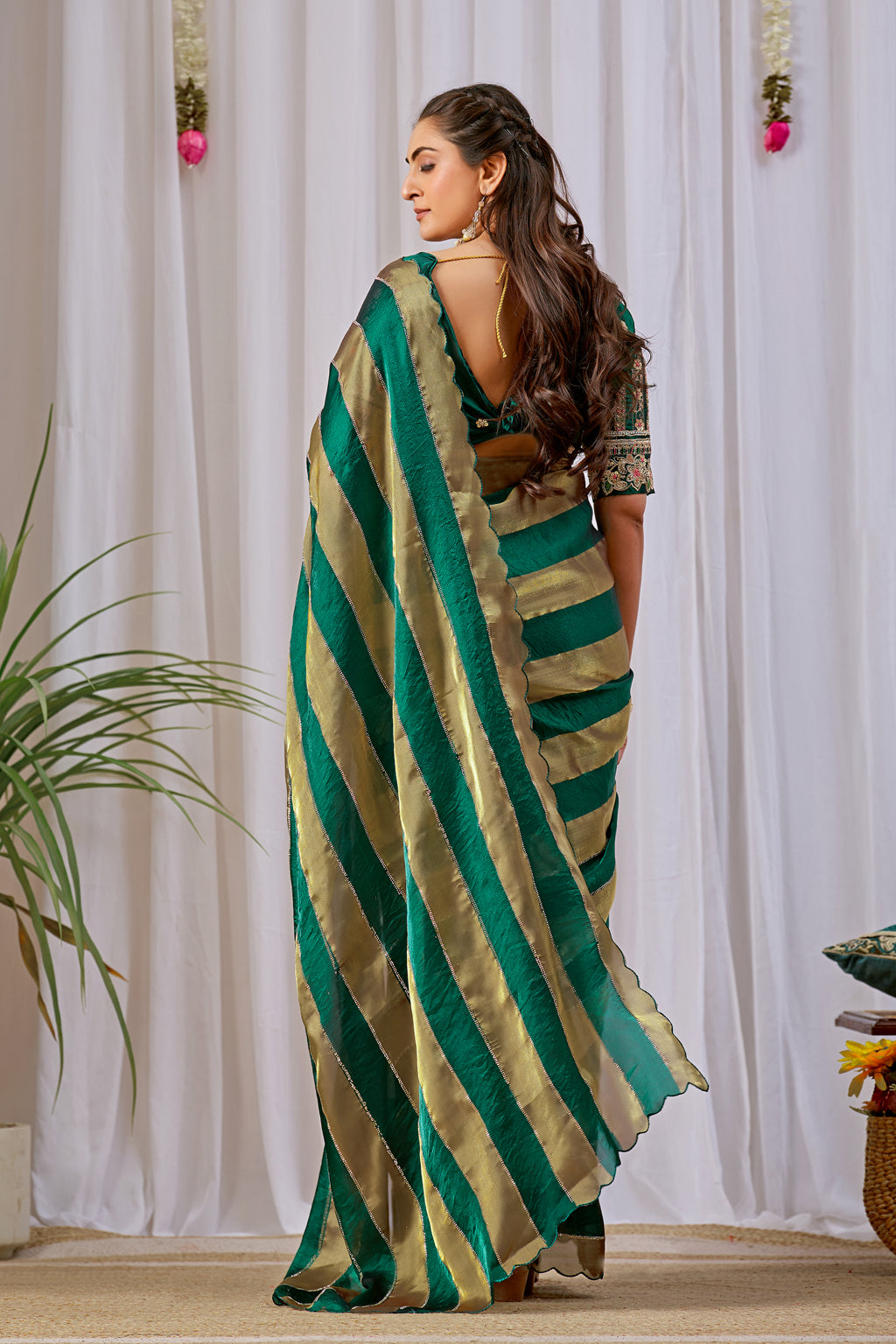 NAYANTARA Satin Embellished Embroidered Saree - Bottle Green