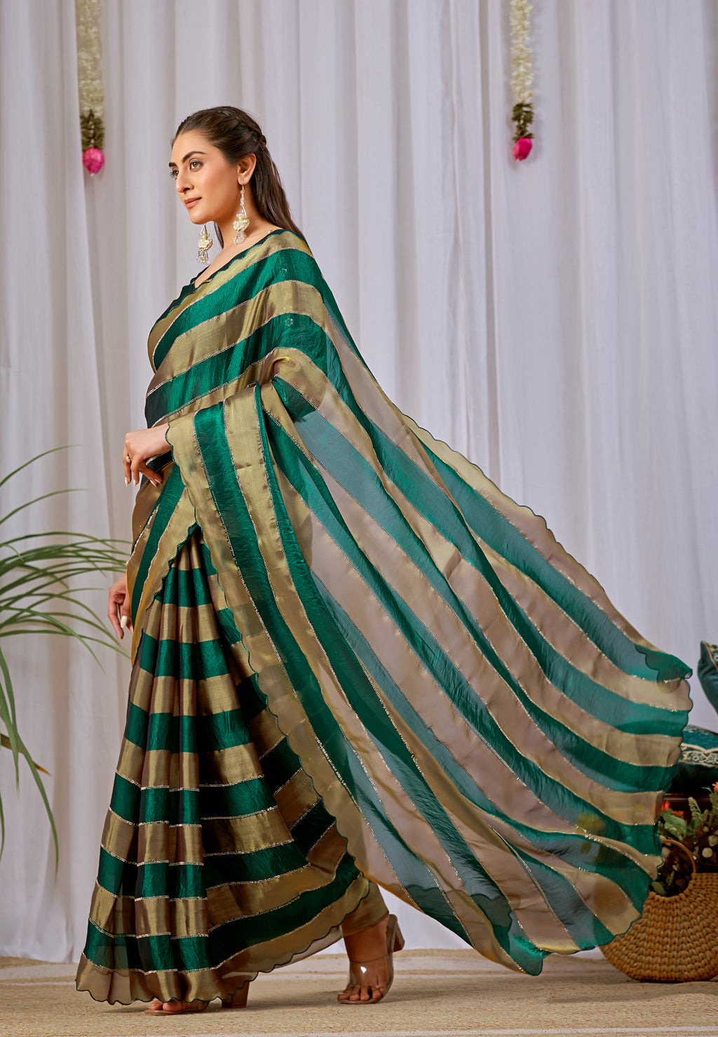NAYANTARA Satin Embellished Embroidered Saree - Bottle Green
