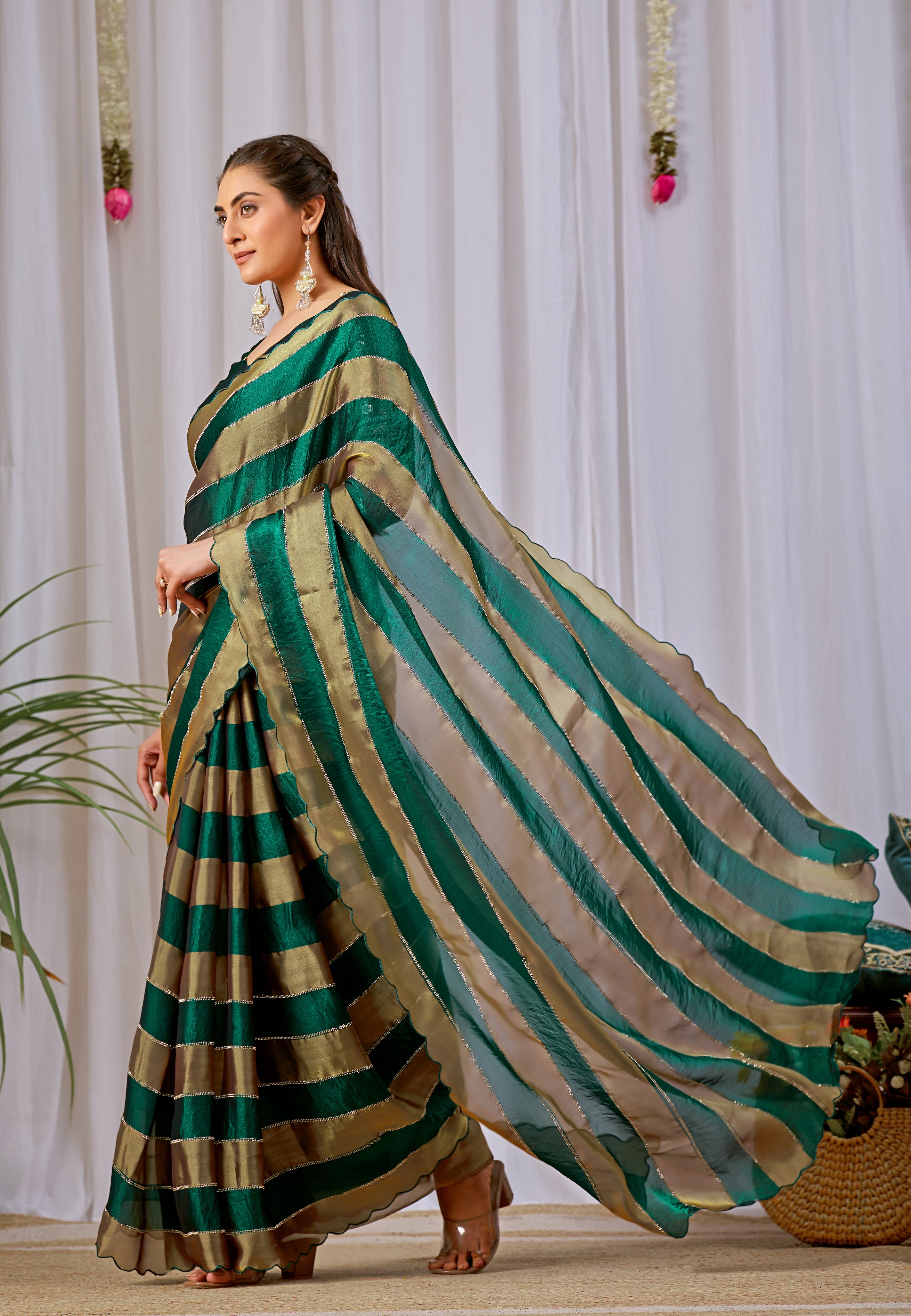 NAYANTARA Satin Embellished Embroidered Saree - Bottle Green